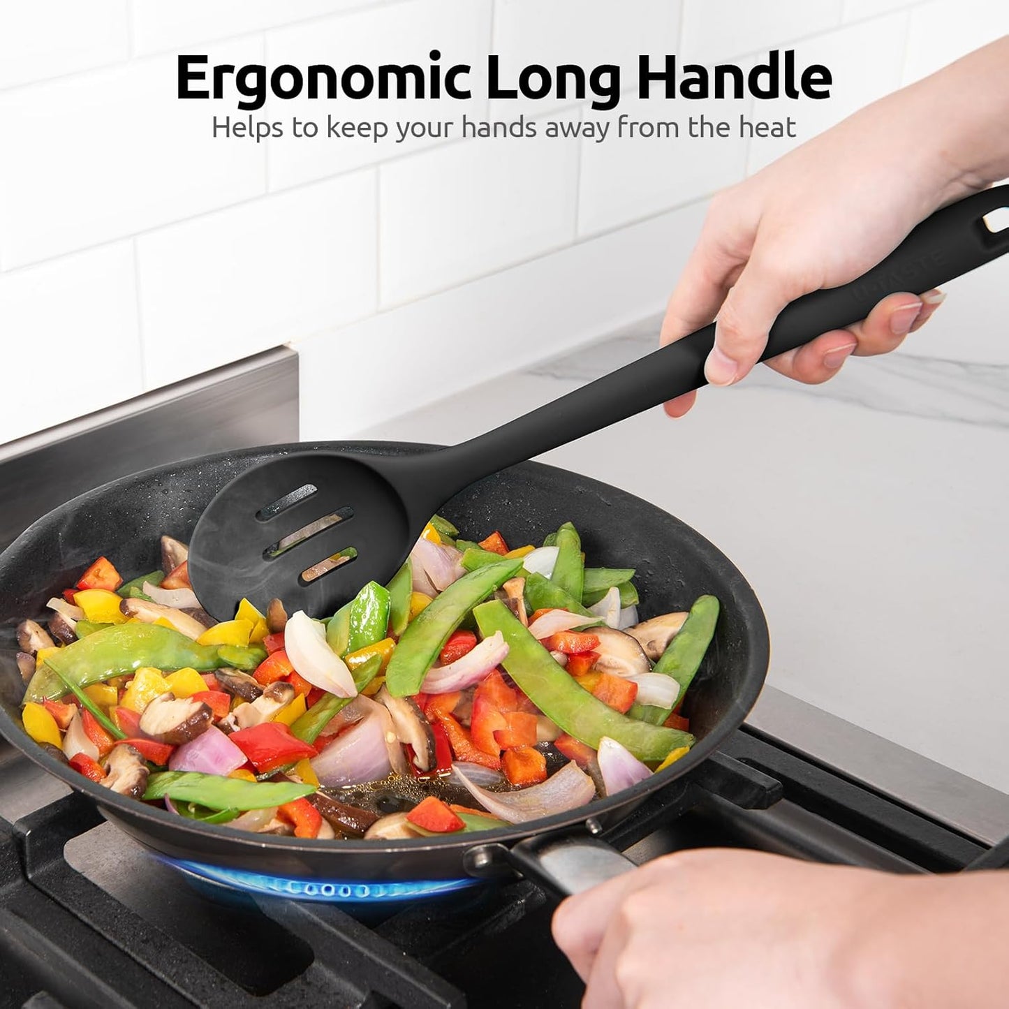 600ºF Heat Resistant Slotted Spoon: U-Taste 13.3in Solid Kitchen Cooking Spoon, Nonstick Food Grade Large & Long Rubber Utensil for Mixing, Serving, Stirring, Basting, Frying, Draining (Black)