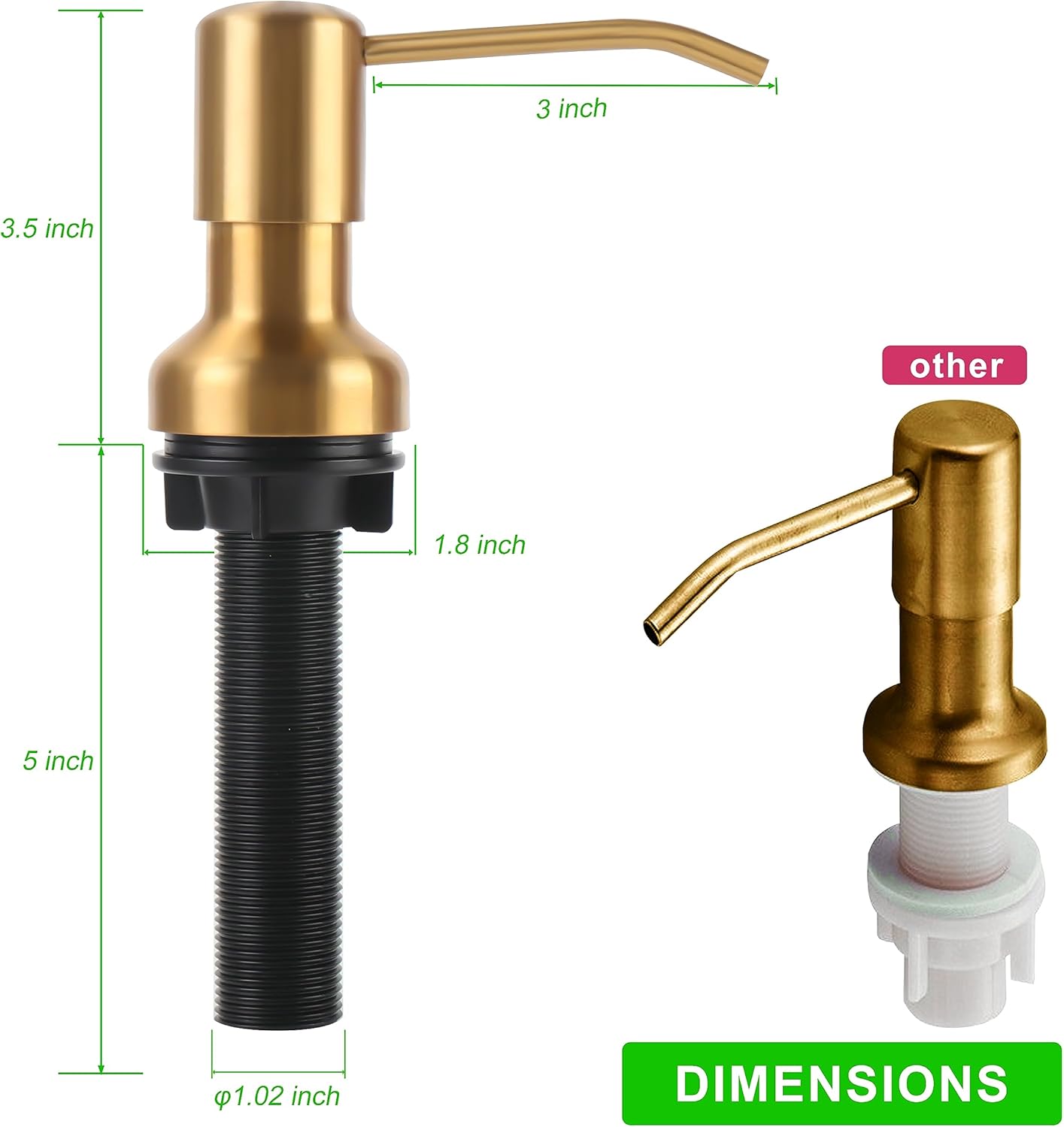 Soap Dispenser for Kitchen Sink, Sink Soap Dispenser with Longer Threaded Shaft Shank, 47" Extension Tube Connects Directly to Dish Soap Container, Wider Pump Head Base（Golden）