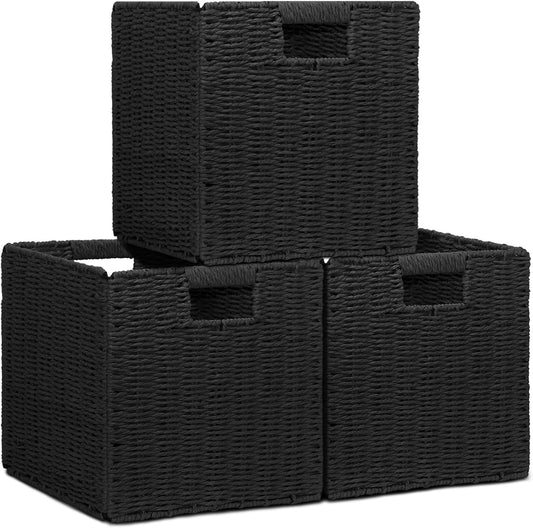 Wicker Storage Baskets for Organizing, 3 Pack Rustic Foldable Square Basket for Shelves, Handwoven Cubby Organizer Bins for Home Decor, Small Cube Storage Bin for Closet Organization (Black 11 inch)