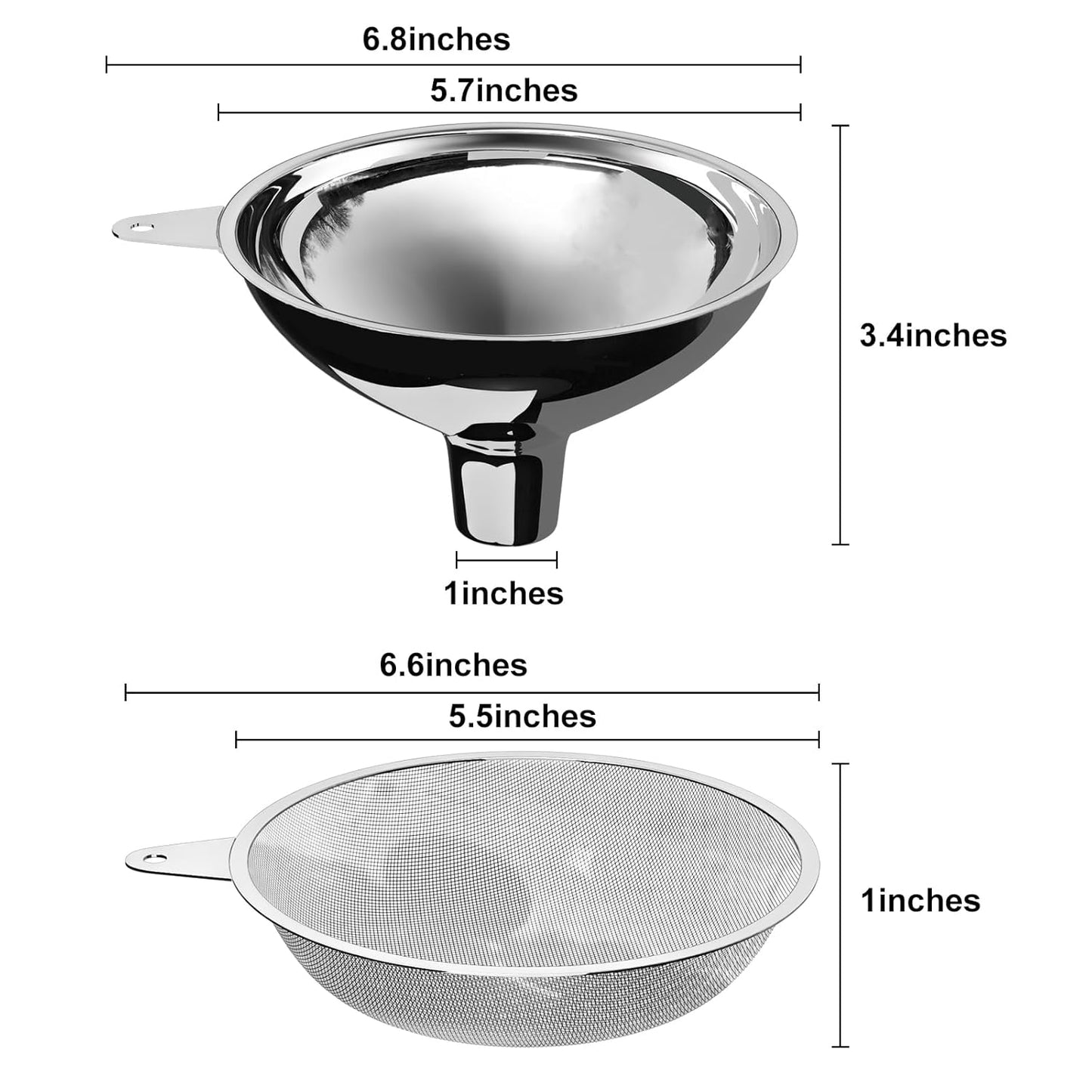 Stainless Steel Large Funnel with Filter (5.7 in. X 1 in. Mouth) with 50 mesh Stainless Steel Food Filter, Metal Funnel for Bottle Filling, Food Funnel for Oil, Juice, Coffee, Honey, Milk