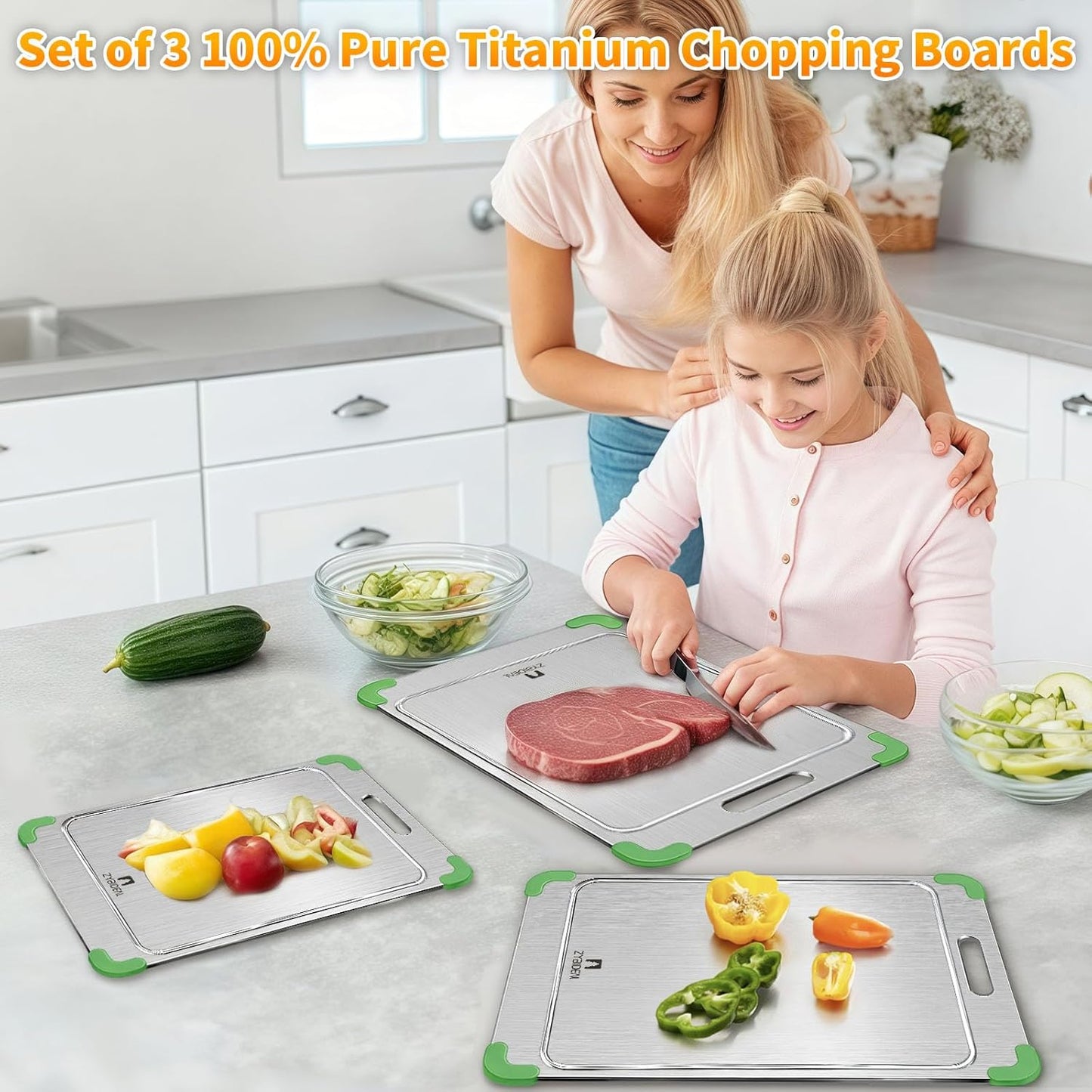 3Pcs 100% Pure Titanium Cutting Board with Grooves, Update Double Side Titanium Chopping Board, Silicone Anti-slip Stainless Cutting Boards Set for Kitchen, Green