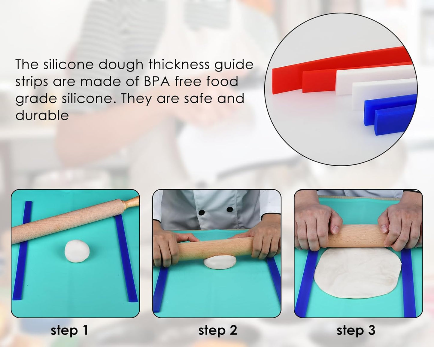 Rolling Pin Guides for Dough Thickness 6 Pieces Silicone Leveler Sticks Measuring Strips for Pastry, Cookie, etc. Baking Accessories