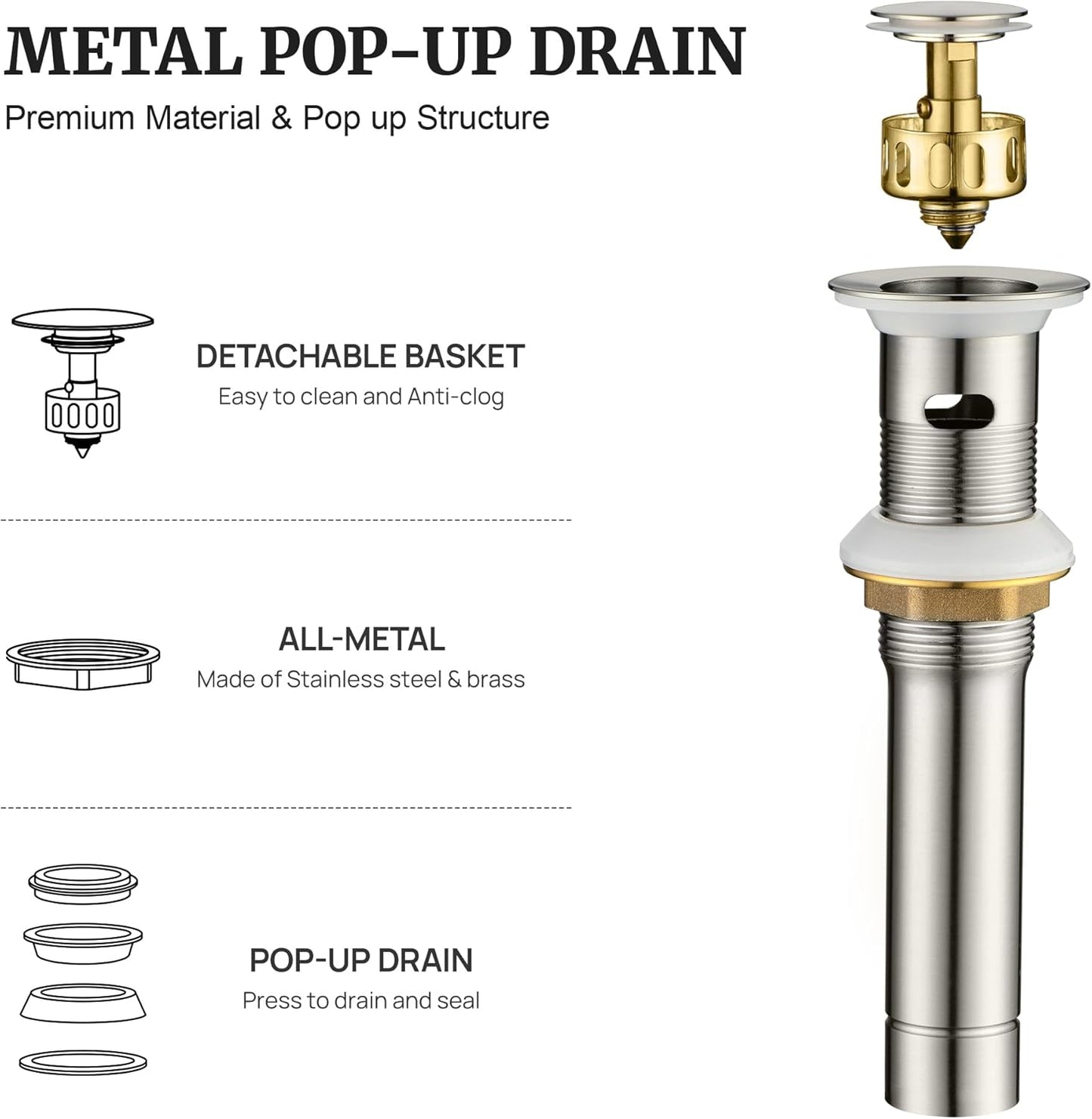 Pop up Sink Drain Stopper for Bathroom Vessel Vanity Sink Art Basin Brushed Nickel, Small Cap with Overflow, Metal Pop up Drain Strainer with Detachable Basket Stopper