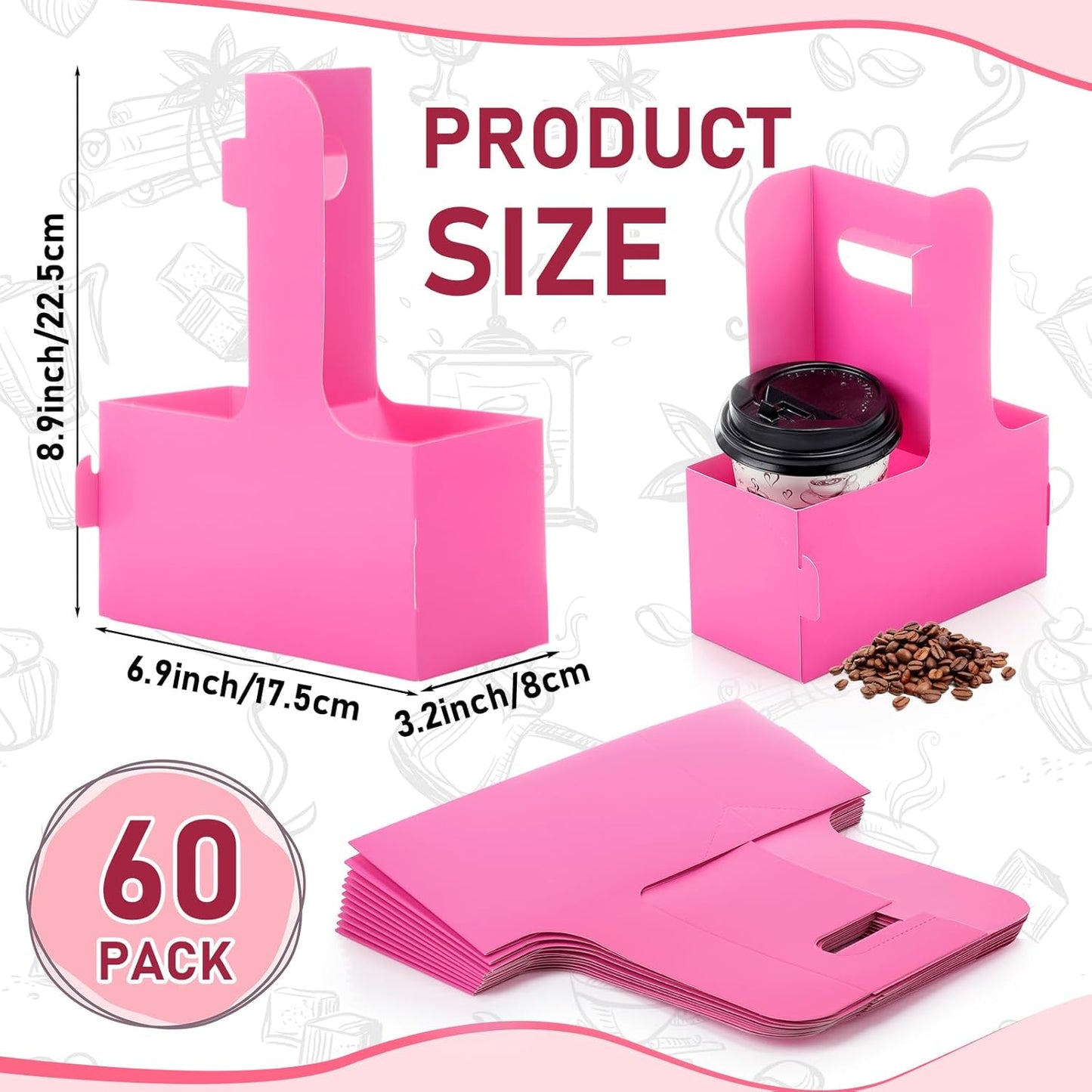 Kosiz 60 Pcs 2 Cups Drink Carrier with Handle 6.9 x 3.2 x 8.9 Inch Coffee Holder Paperboard Drink Caddy for Hot and Cold Beverage Takeout Cafe and Restaurant Xmas Wedding Food Delivery(Rose Red)