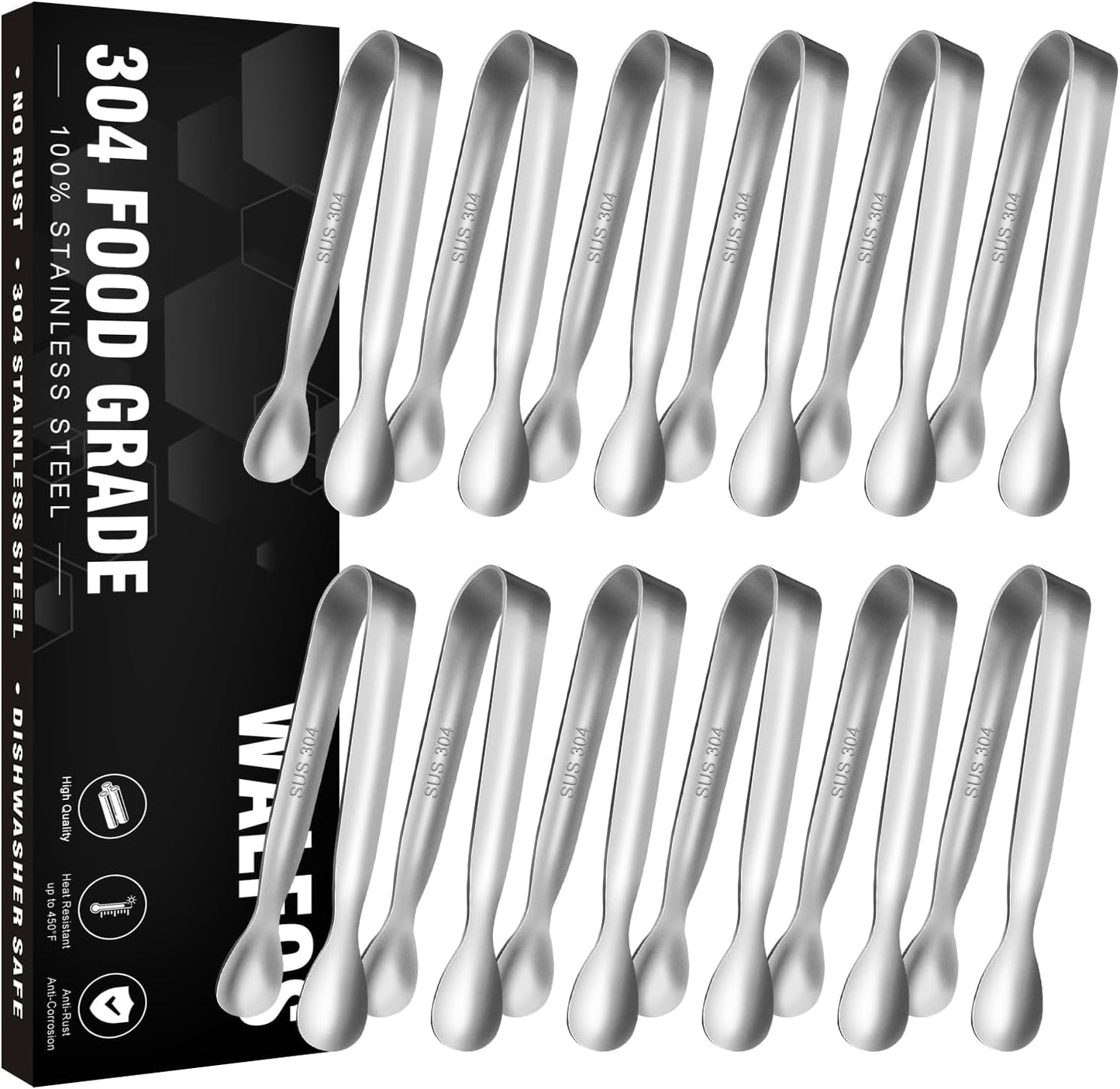 Walfos Mini Tongs for Serving Food, Small Stainless Steel Kitchen Tongs for Appetizers, Sugar, Desserts, Tea Party, Coffee Bar, Set of 12 (Silver)