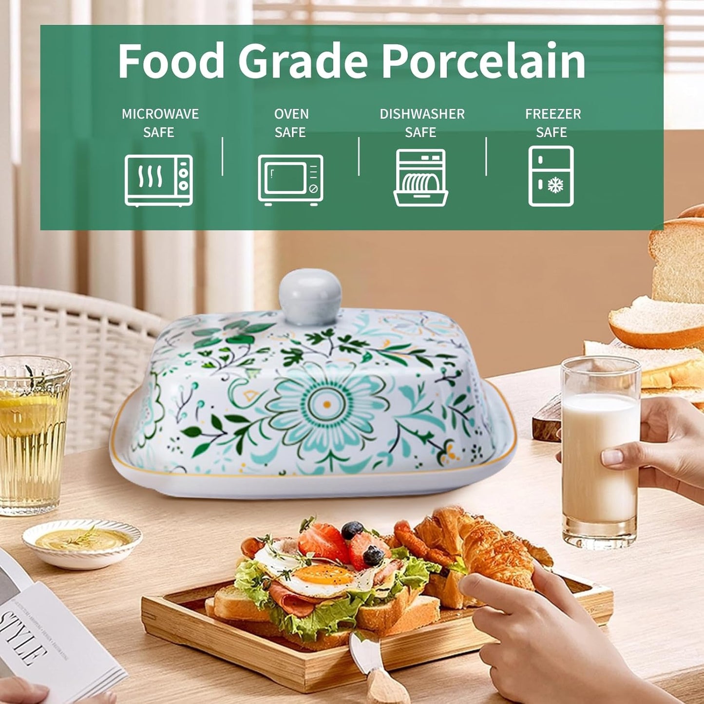 Butter Dish With Lid For Countertop-Ceramic Butter Dish with Knob Handle-Dishwasher Safe Butter Keeper&Serving Tray,Large Storage Keeper Holder for Kitchen-Elegant Gift for Women,Mothers,Housewarming