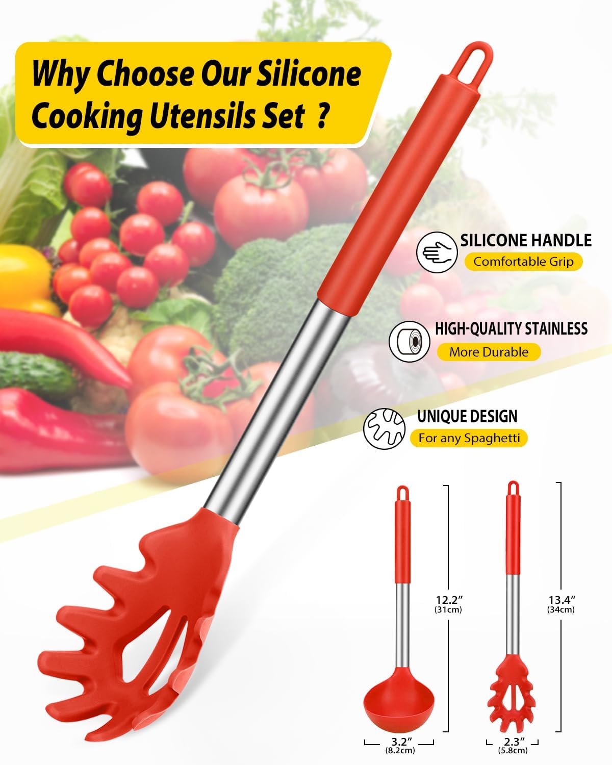 Silicone Pasta Fork and Ladle Spoon Set, Large Non Stick Kitchen Utensils for Cooking,Stirring,Serving Spaghetti, Soup, Sauce (RED)