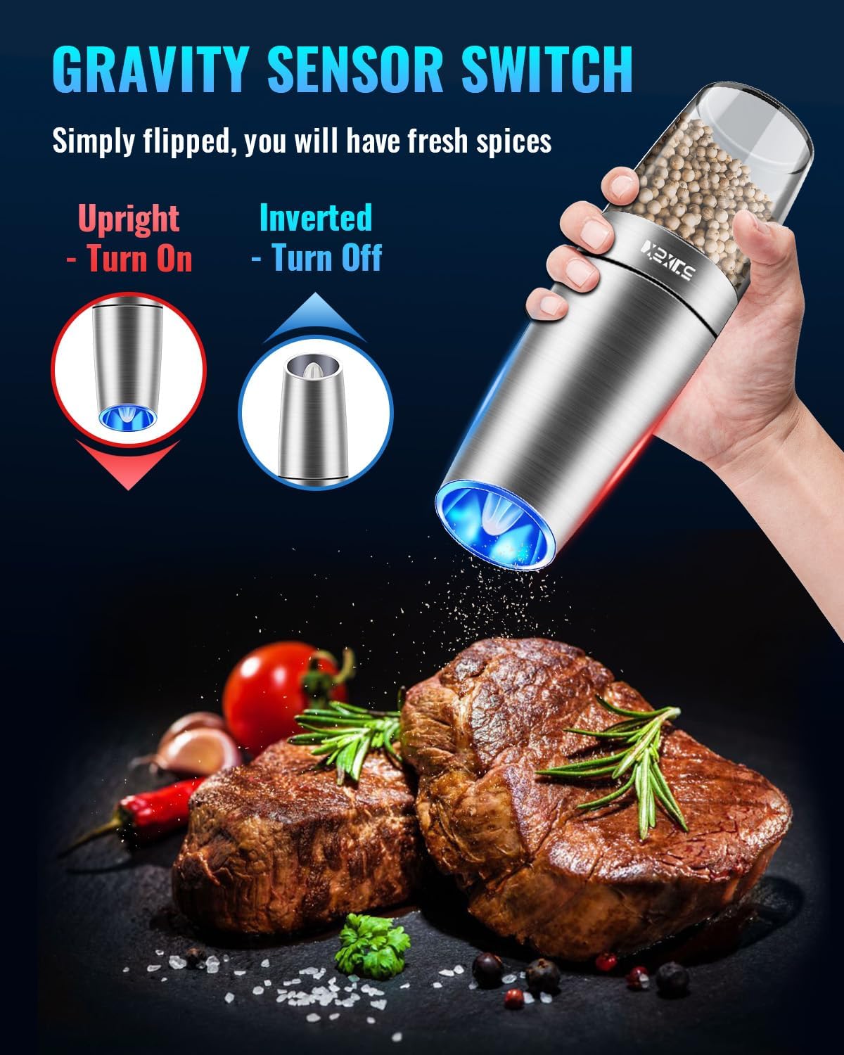 XinXu Gravity Electric Pepper and Salt Grinder Set, Salt/Pepper Mill & Adjustable Coarseness, Battery Powered with LED Light, One Hand Automatic Operation, (Set/Silver)