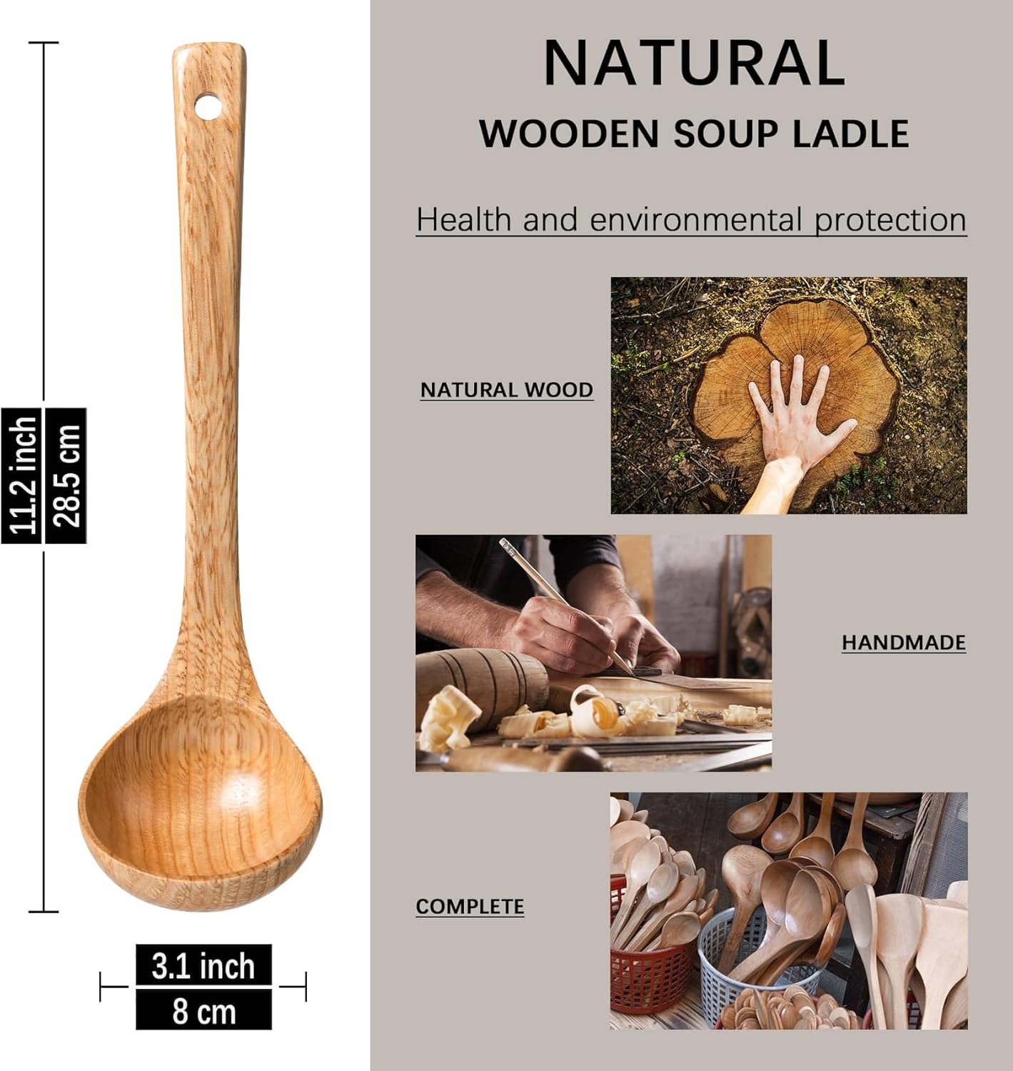 Wooden Soup Ladle, 11.2" Handle, 2 fl oz Medium Scoop Utensil for Serving & Cooking, Schima Wooden Ladle – Wood Spoon for Soup Natural and Sustainable