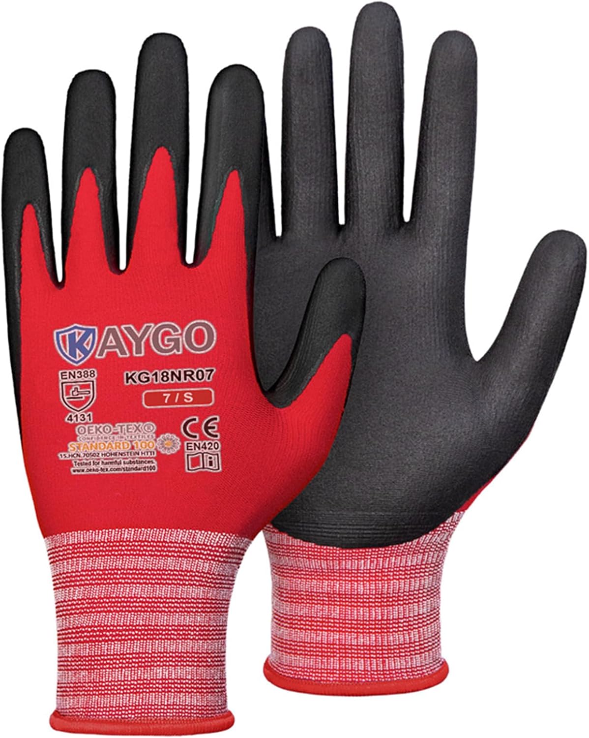 KAYGO Safety Work Gloves MicroFoam Nitrile Coated-3 Pairs, KG18NB,Seamless Knit Nylon Glove with Black Micro-Foam Nitrile Grip,Ideal for General Purpose,Automotive,Home Improvement,Red small