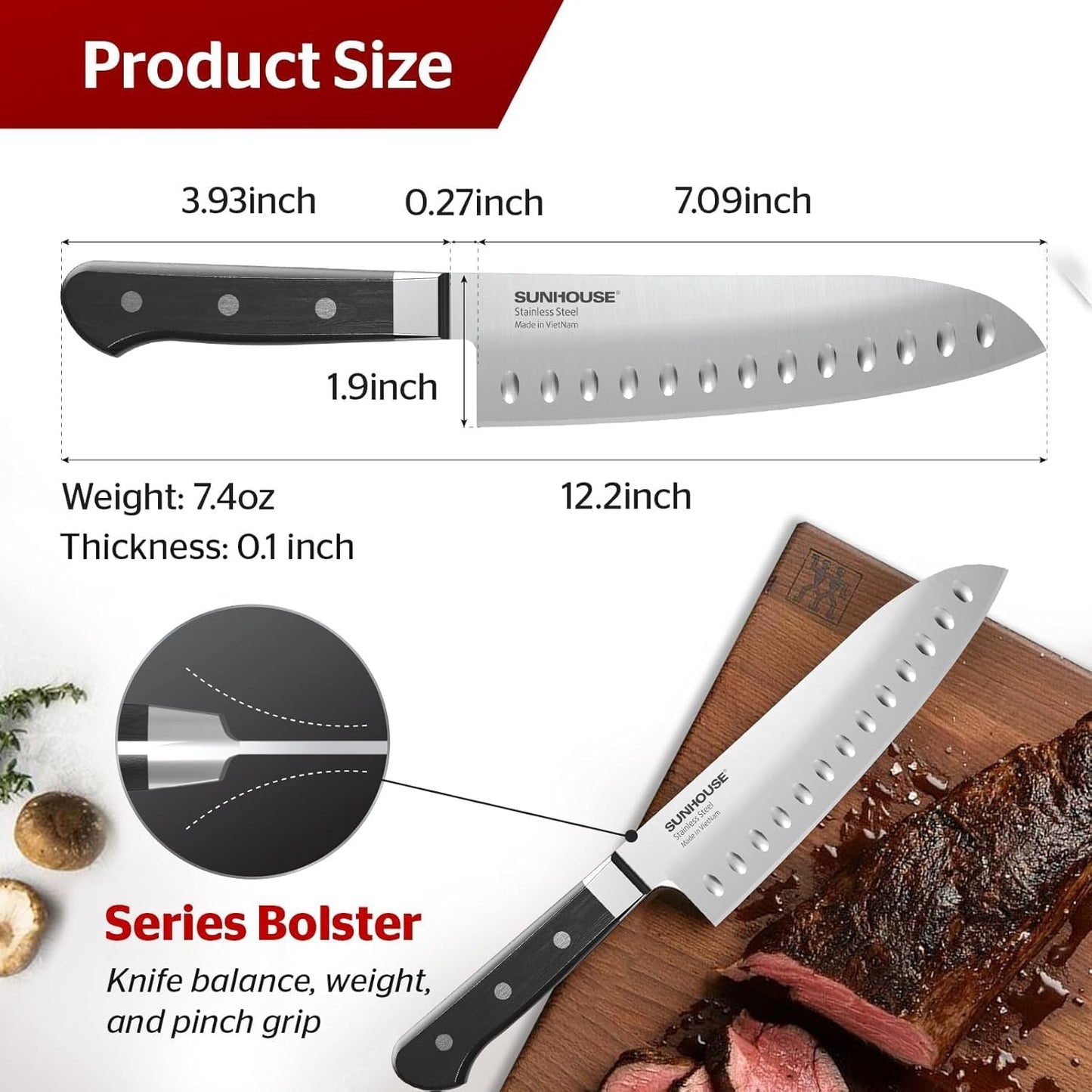 Sunhouse Santoku Knife 7 inch,AUS-8 Stainless Steel – Superior 59HRC Hardness, Full Tang, Ergonomic Handle, Perfect Gifts for Mom or Dad,Premium Gifts