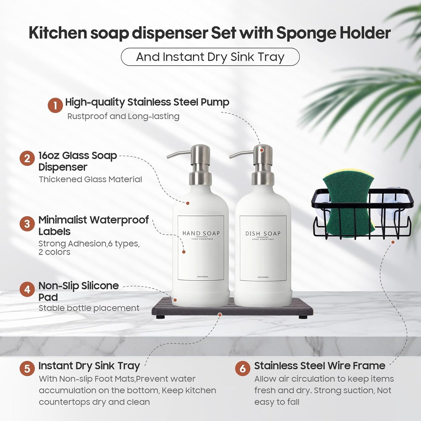 Kitchen Soap Dispenser Set with Instant Dry Tray & Sponge Holder,16 Oz Hand and Dish Soap White Glass Dispenser Set,Stainless Steel Pump,Waterproof Labels,Luxury Soap Bottle for Bathroom