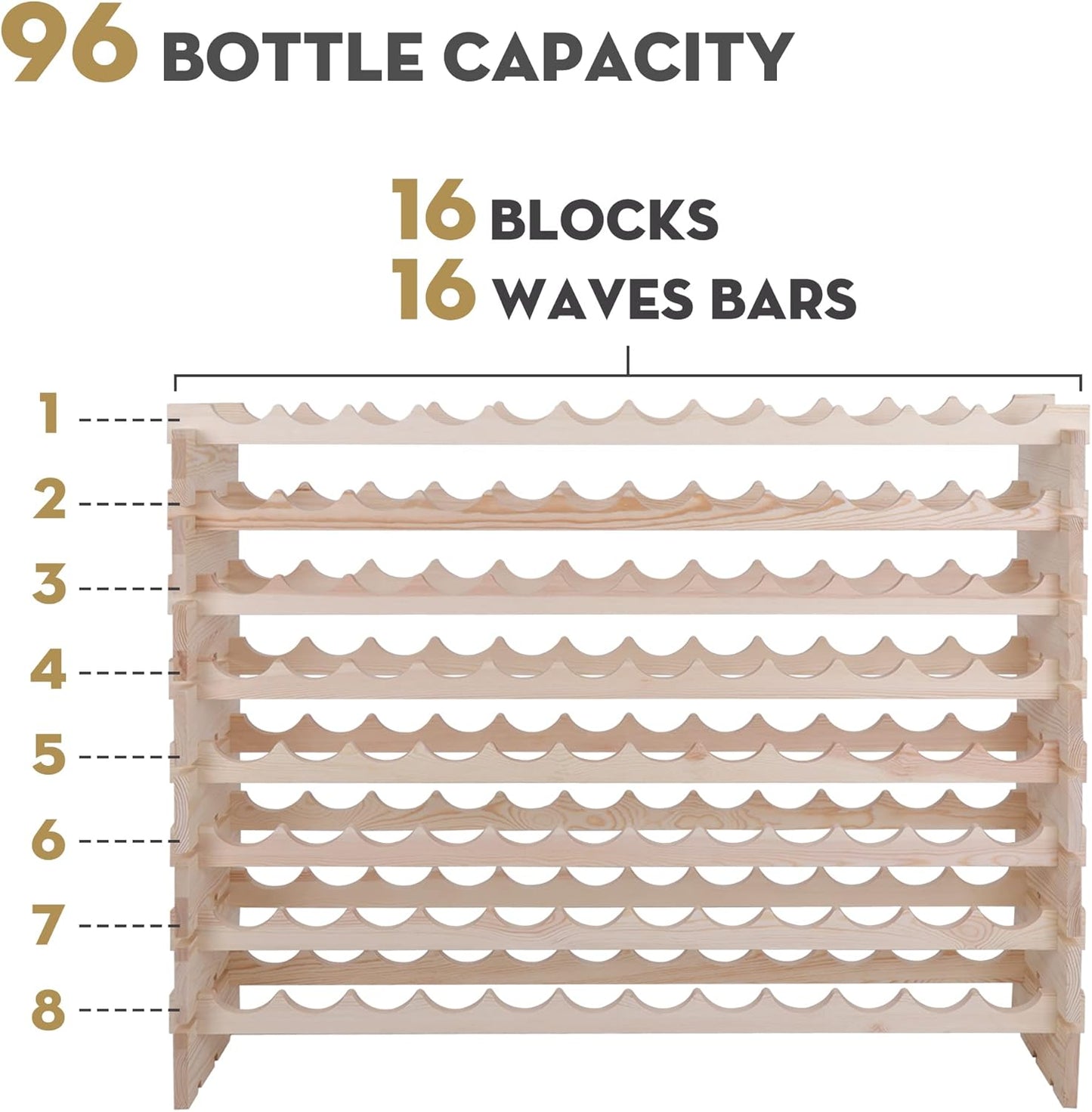 Smartxchoices 96 Bottles Stackable Modular Wine Rack, 8-Tier Wooden Wine Storage Rack Freestanding Wine Holder Display Shelves, Wobble-Free Shelves, Solid Wood