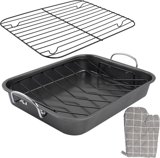 Kitcom Nonstick Roasting Pan with Rack, 16 Inch x 11.5 Inch Rectangular Roaster Set for Roasting Turkey, Chicken, Meat and Veggies, Gray