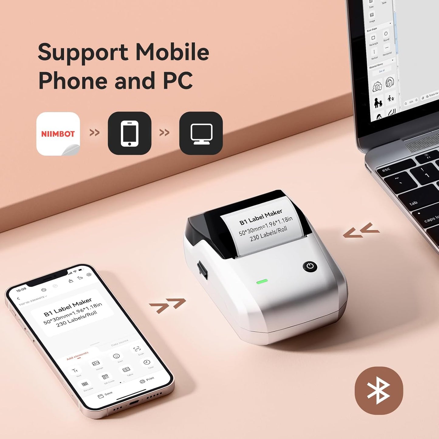 NIIMBOT B1 Label Maker Machine with Tape, 2 Inch Portable Sticker Printer for Home School & Small Business, Compatible with Phones & PC, Silver Gray