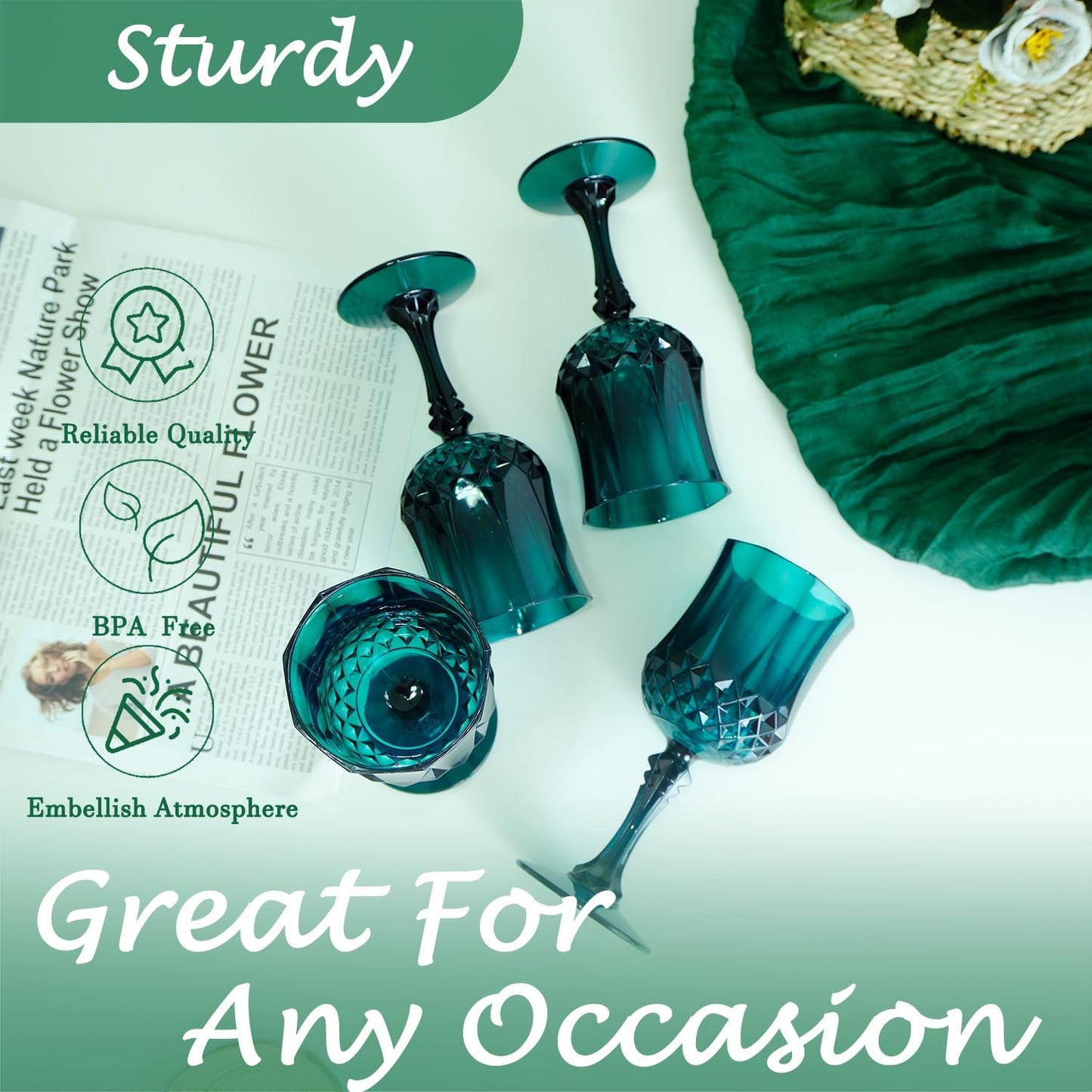 Plastic Wine Glasses，Plastic Goblets Vintage Style Cordial Drinking Glasses for Wedding Reception, Grand Event Party Supplies (12, Green)