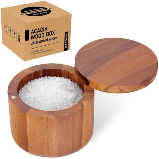 Acacia Salt Cellar 9 Ounces Capacity, Wood Salt Box With Swivel Cover, Spice Keeper, Wood Jar For Kitchen, Perfect For Keeping Table Salt, Gourmet Salts, Herbs or Favorite Seasonings