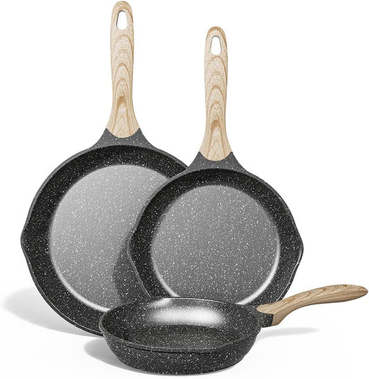 JEETEE Nonstick Frying Pans Set, Nonstick Omelette Skillet Set 3 Pcs, 8" 9.5" 11" Granite Non-Stick Frying pan with Bakelite Handle, Compatible with All Stovetops (Gas, Electric & Induction), Grey