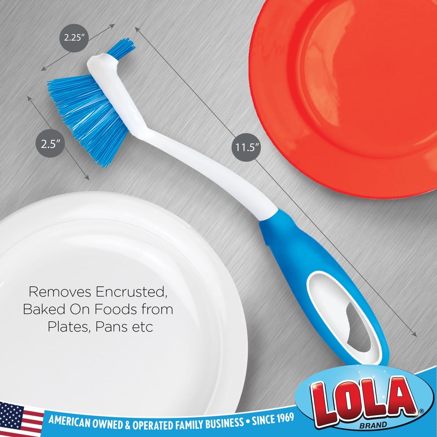 Dish Brush Scrubber for Kitchen, 2 Pack, by LOLA, Has Stiff Bristles & Food Scraper, Comfort No-Slip Grip Handle, Safe for Non-Stick & Coated Cookware
