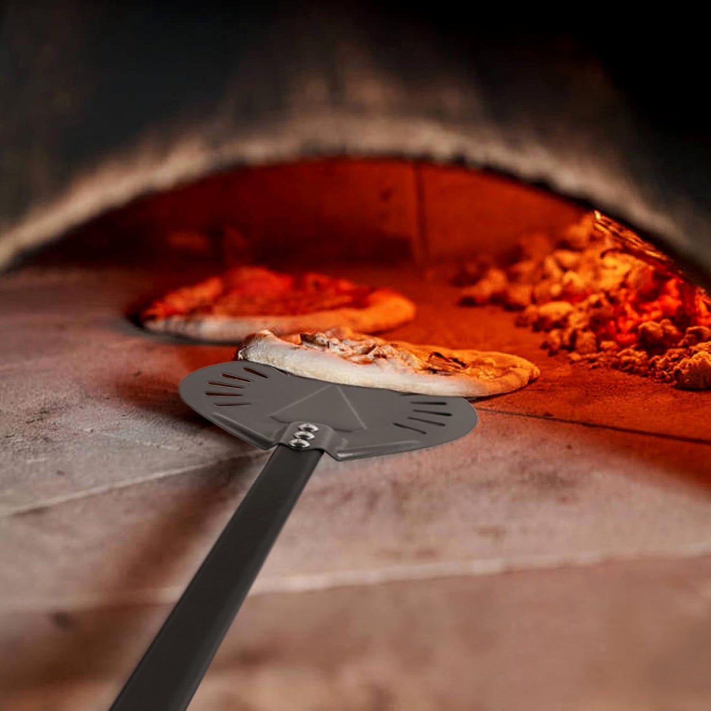 Pizza Turning Peel 9 Inch Perforated Pizza Peel and Pizza Brush Ash Rake 4 Piece Wood Fired Commercial Pizza Oven Utensil Kit with 40-Inch Aluminum Handle
