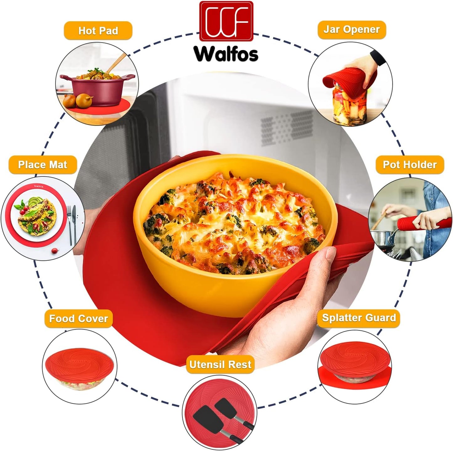 Walfos 12 10 Inch Silicone Microwave Mats, Microwave Splatter Cover for Food, Pot Holders for Kitchen, Non-Slip Heat Resistant Silicone Mats for Microwave, Oven, Hot Pan, Pot (Red)