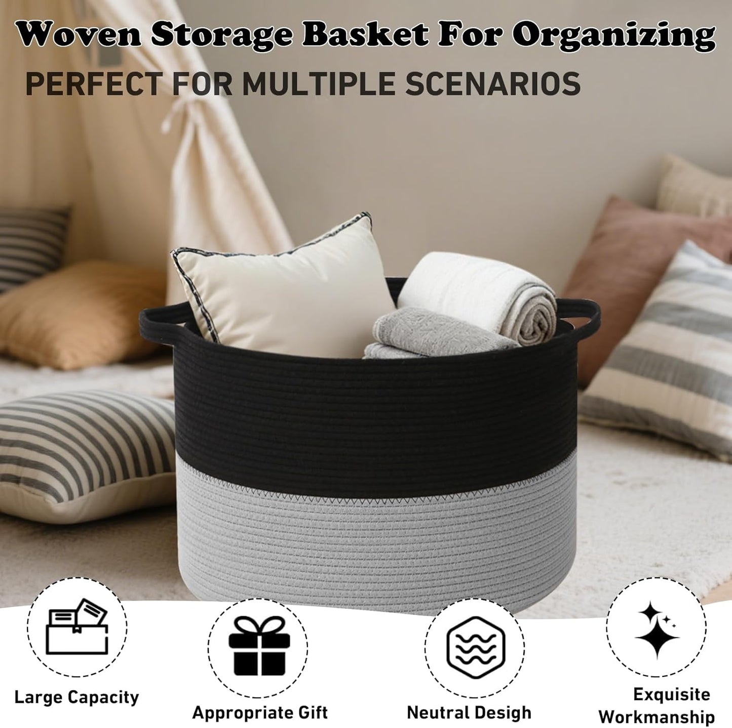 Large Blanket Basket for Organizing,65L Closet Organizers and Storage Bins Box for Shelves Woven Rope Storage Baskets,Living Room,Bedroom,Dorm,Laundry room (Black&Light Grey)