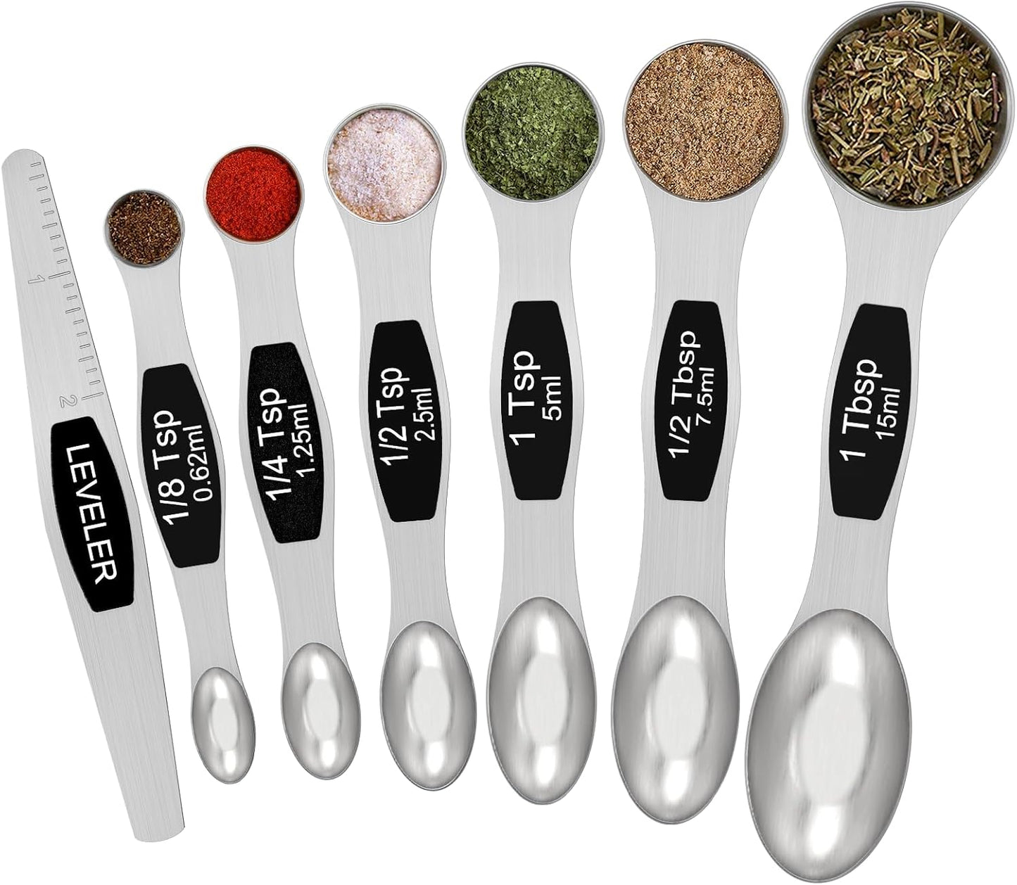 Magnetic Measuring Spoons Set - Wildone Stainless Steel Double Sided Measuring Spoons Set of 7 Black, for Dry & Liquid Ingredients, Including 6 Heavy Duty Nesting Spoons, 1 Leveler, Fits in Spice Jar