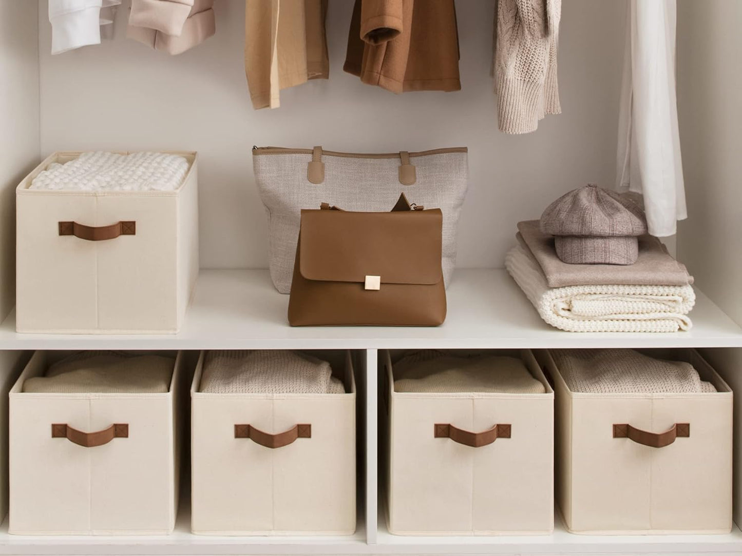 StorageWorks Storage Baskets for Shelves, Foldable Fabric Closet Storage Bins with PU Handles, Fabric Storage Bins Clothes Organizer, Ivory White, 3-Pack, Extra Large