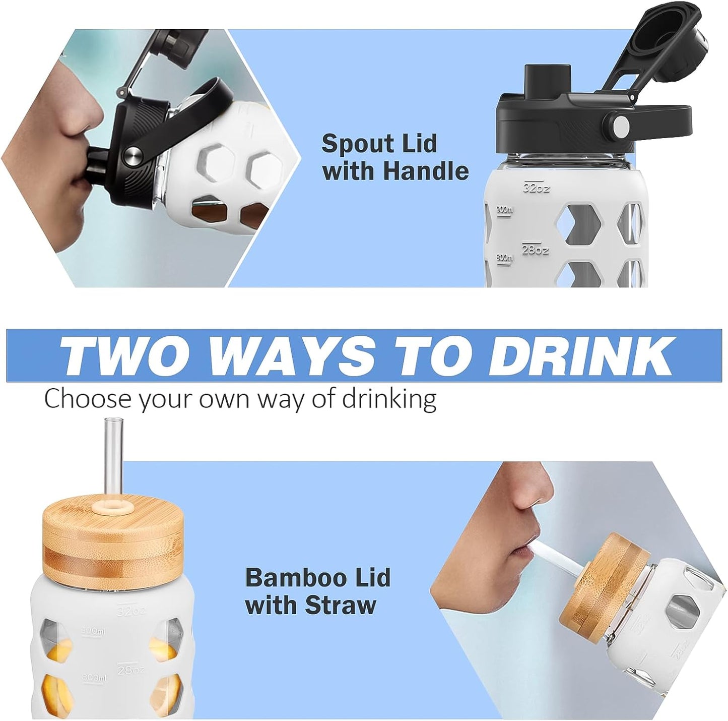 MUKOKO Glass Water Bottles, 32oz Glass Tumbler with Straw, Drinking Bottles with 2 Lids-Handle Spout Lid&Bamboo Straw Lid, Motivational Water Bottle with Time Marker and Silicone Sleeve, 1 Pack-White