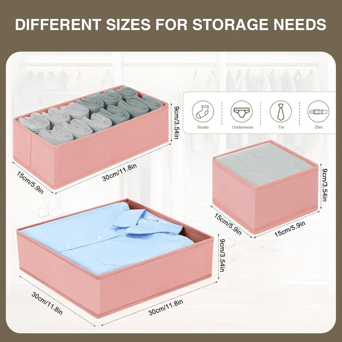 DIMJ Drawer Organizer for Clothing, 15 Pack Fabric Drawer Organizer Bins, Foldable Sock Organizer for Drawer, Dresser Organizer for Clothes, Socks, Bra, Tie (Pink)