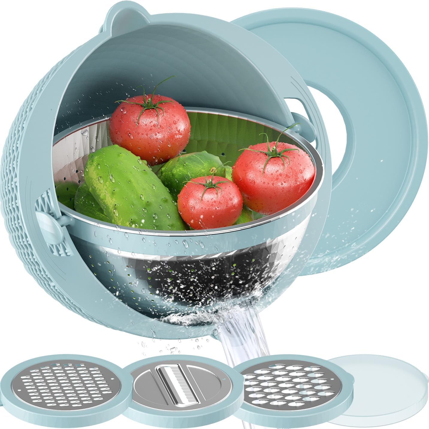 4-1 Colander with Bowl Set - Strainers for Kitchen, Food Strainers and Colanders, Pasta Strainer, Rice Strainer, Fruit Cleaner, Veggie Wash, Aesthetic Cooking Present Kitchen Essentials - Blue