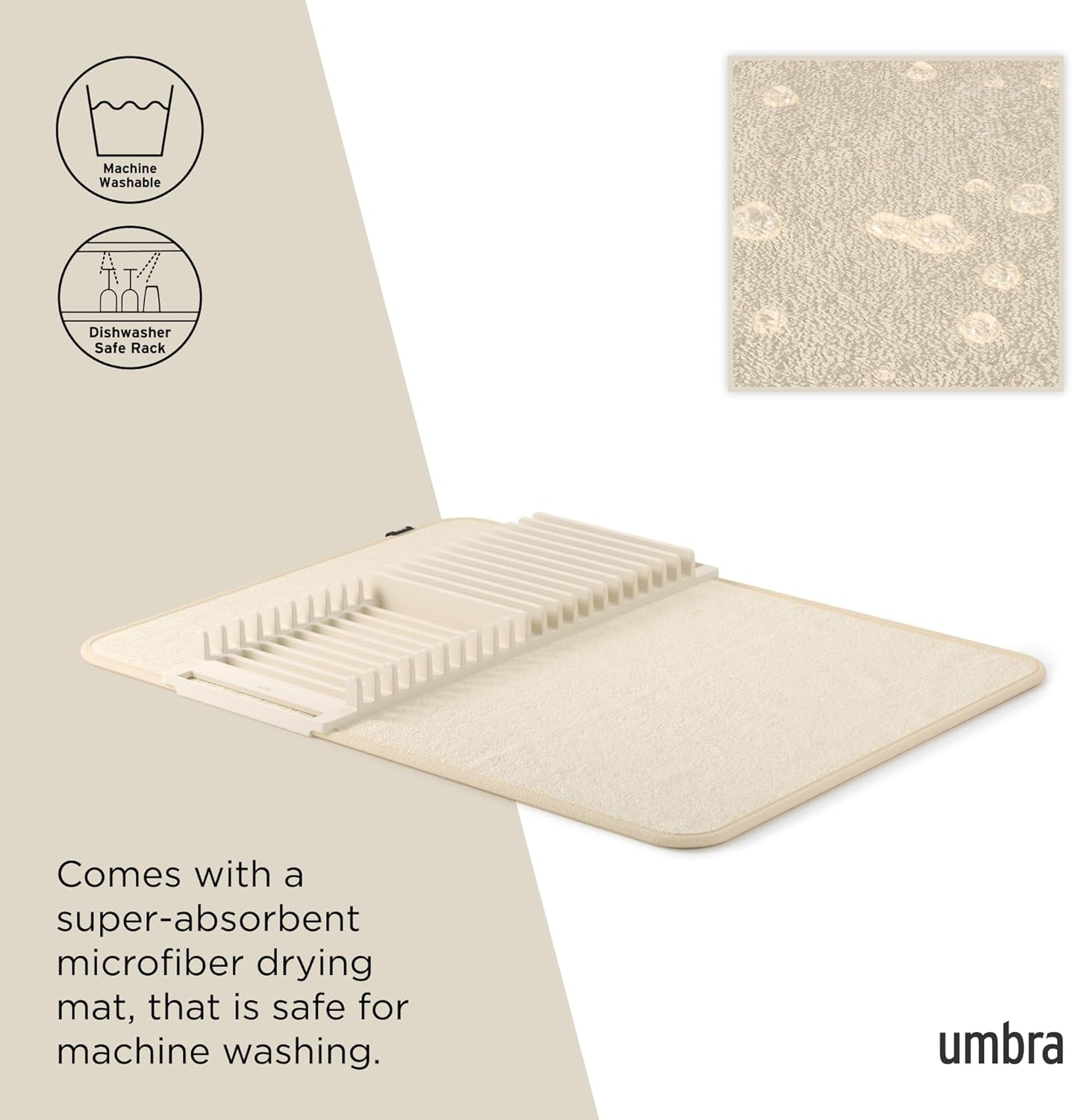 Umbra Udry Dish Rack and Microfiber Drying Mat – Space-Saving Design Folds Up for Easy Storage, Basic Rack, Linen