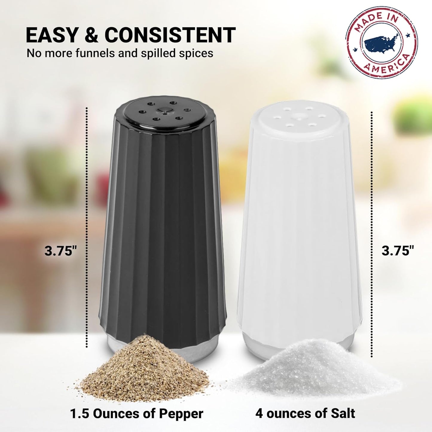 Disposable Salt and Pepper Shakers by Global Basics - Plastic Shaker Sets for Parties, Restaurants, Picnics, Cookouts - Prefilled Salt and Pepper Shakers with 4oz. Salt, 1.5oz. Pepper - 48-Pack