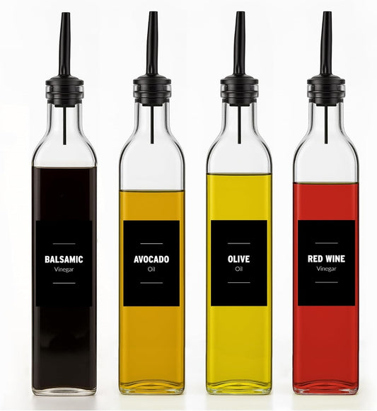 Olive Oil & Vinegar Dispenser Bottle Set with Stainless Steel Pourer, Funnel & Labels - Glass Kitchen Oil Cruet - Dispenser Bottle for Coffee Syrup, Soy Sauce, Cooking Sauces & More - 500ml - Set of 4