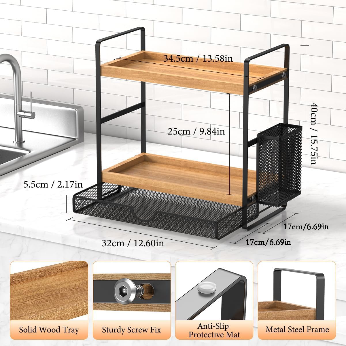 2 Tier Spice Rack Organizer for Countertop with Drawer and Basket, Suitable for Coffee Organizer, Kitchen Counter Storage, Bathroom Storage