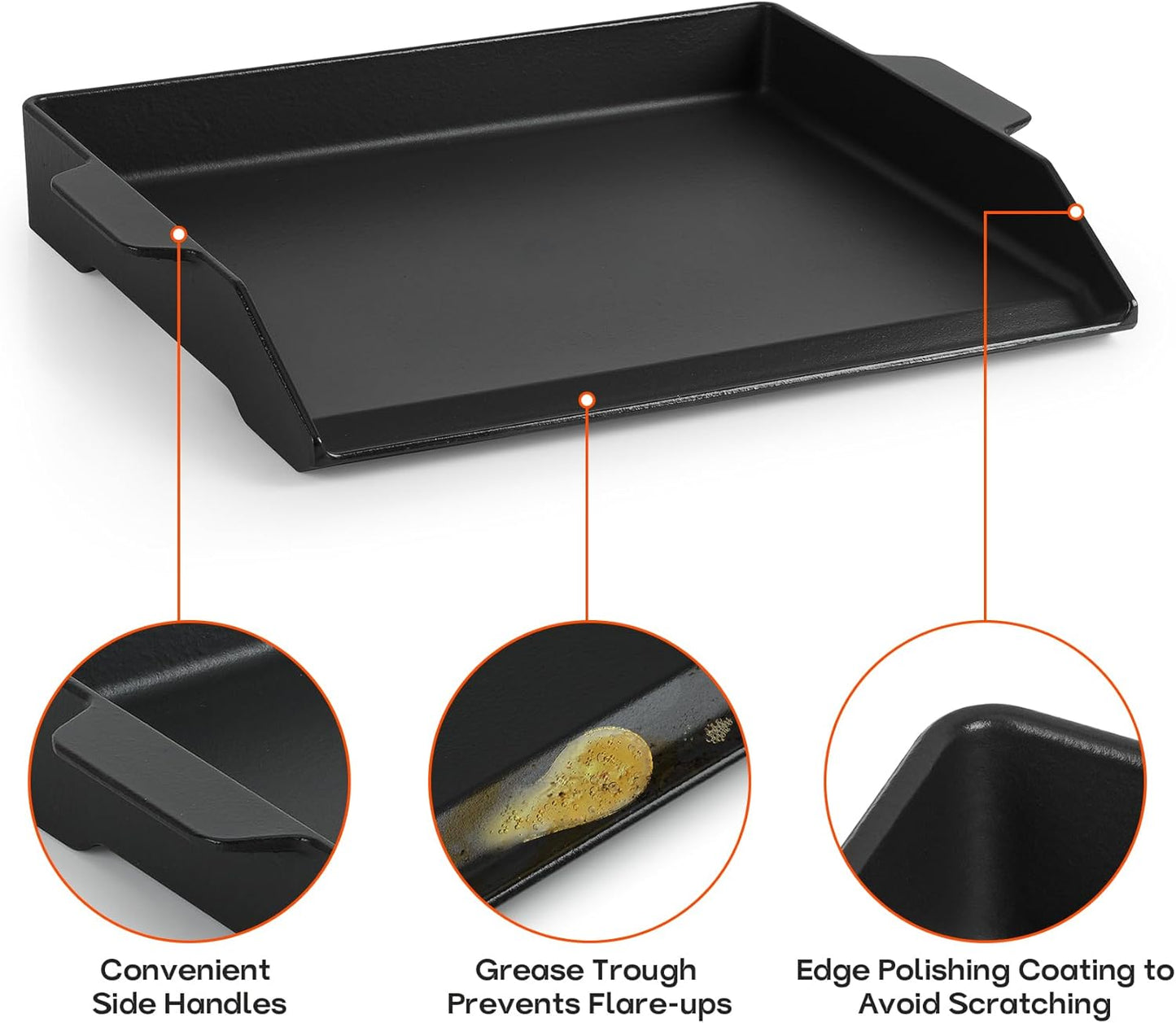Onlyfire Universal Cast Iron Cooking Griddle, Nonstick Coating Griddle Flat Top Grill Plate with Extra High Sidewalls for Charcoal, Gas Grills and Range Oven, 18.5" × 14"