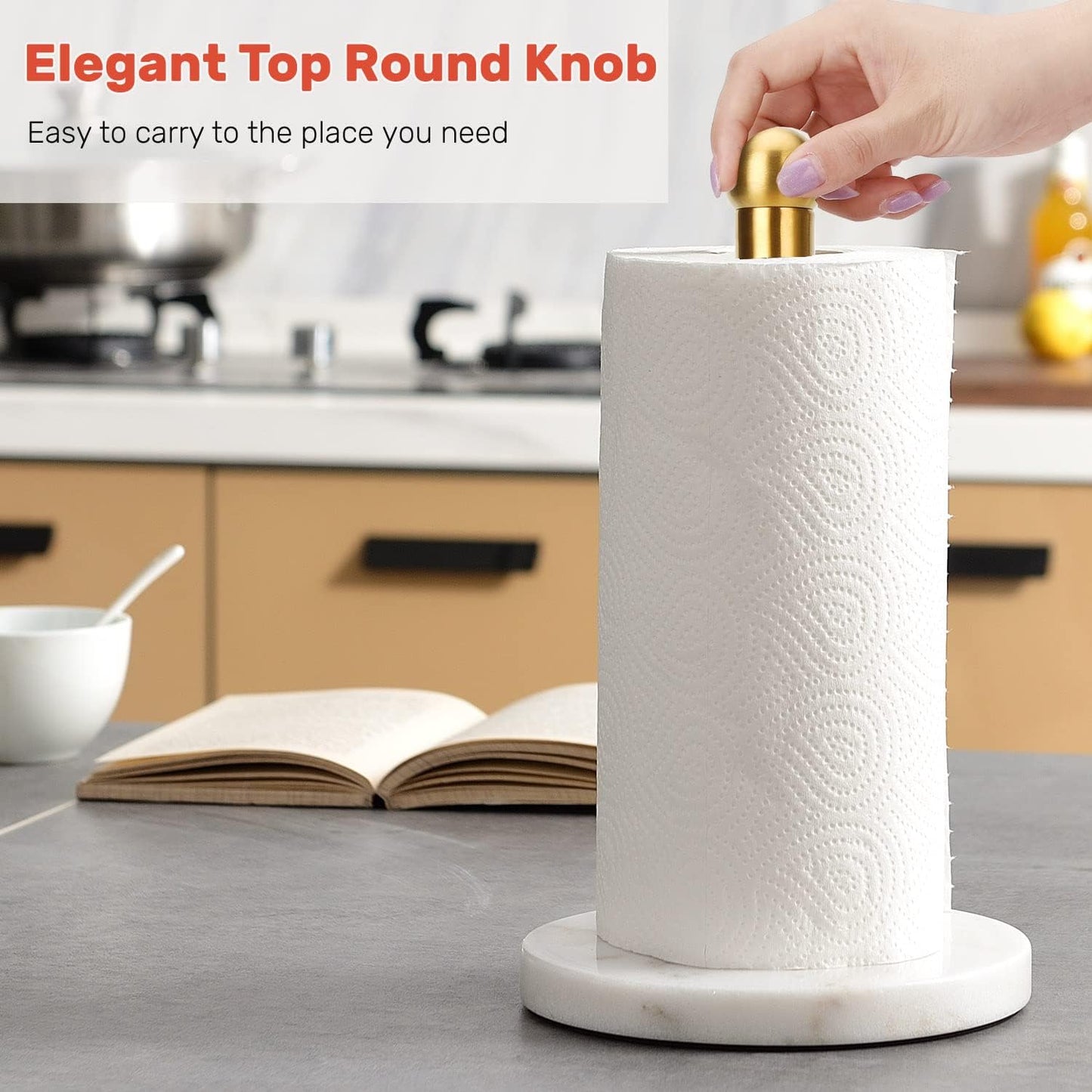 Heavy Weighted Paper Towel Holder, Easy One-Handed Design for Kitchen Stand Paper Towel Dispenser, Sturdy Base for Standard Paper Towel Rolls and Mega Paper Towel Roll (Gold Brushed)