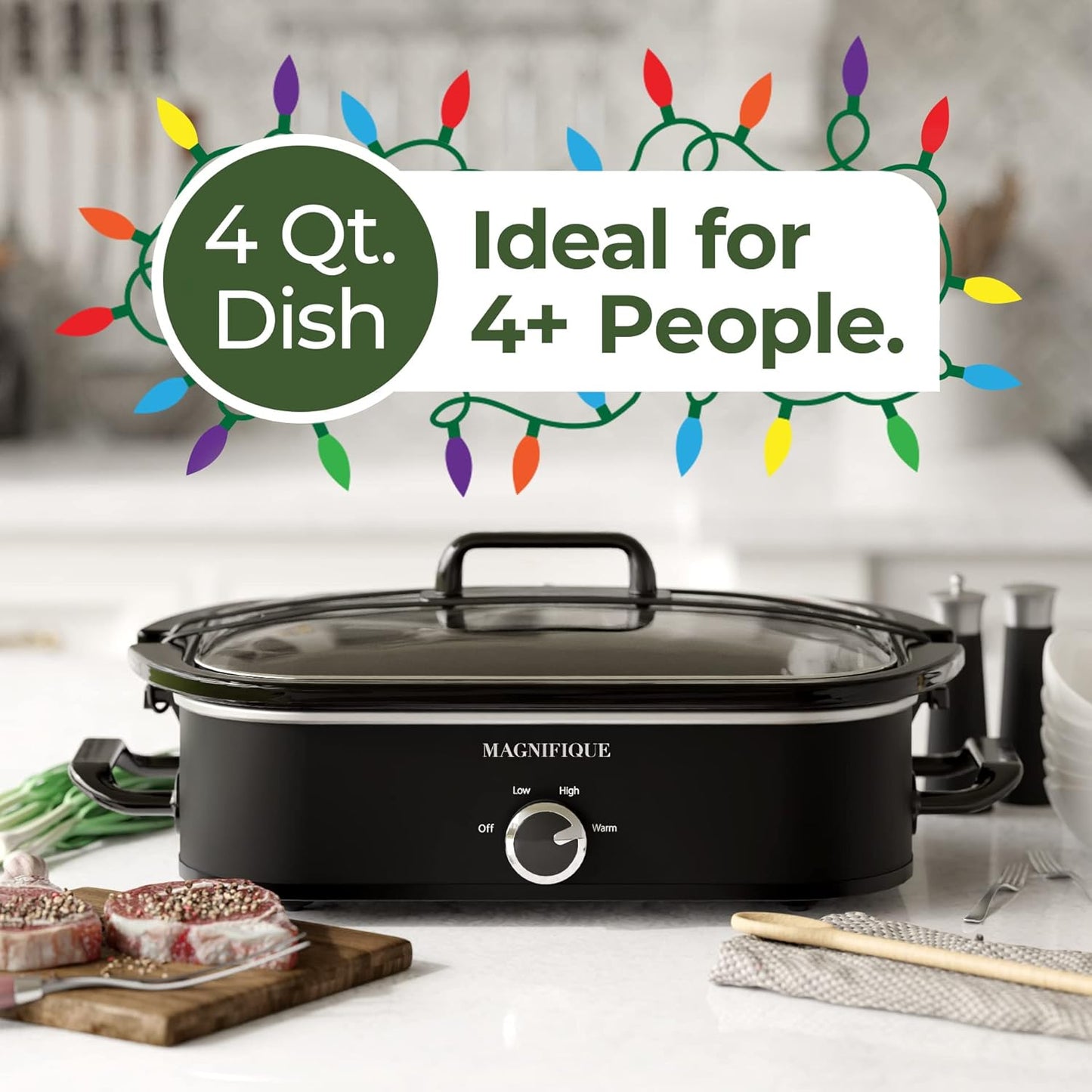 Magnifique 4-Quart Slow Cooker with Casserole Manual Warm Setting - Perfect Kitchen Small Appliance for Family Dinners, Dishwasher Safe Crock, Black