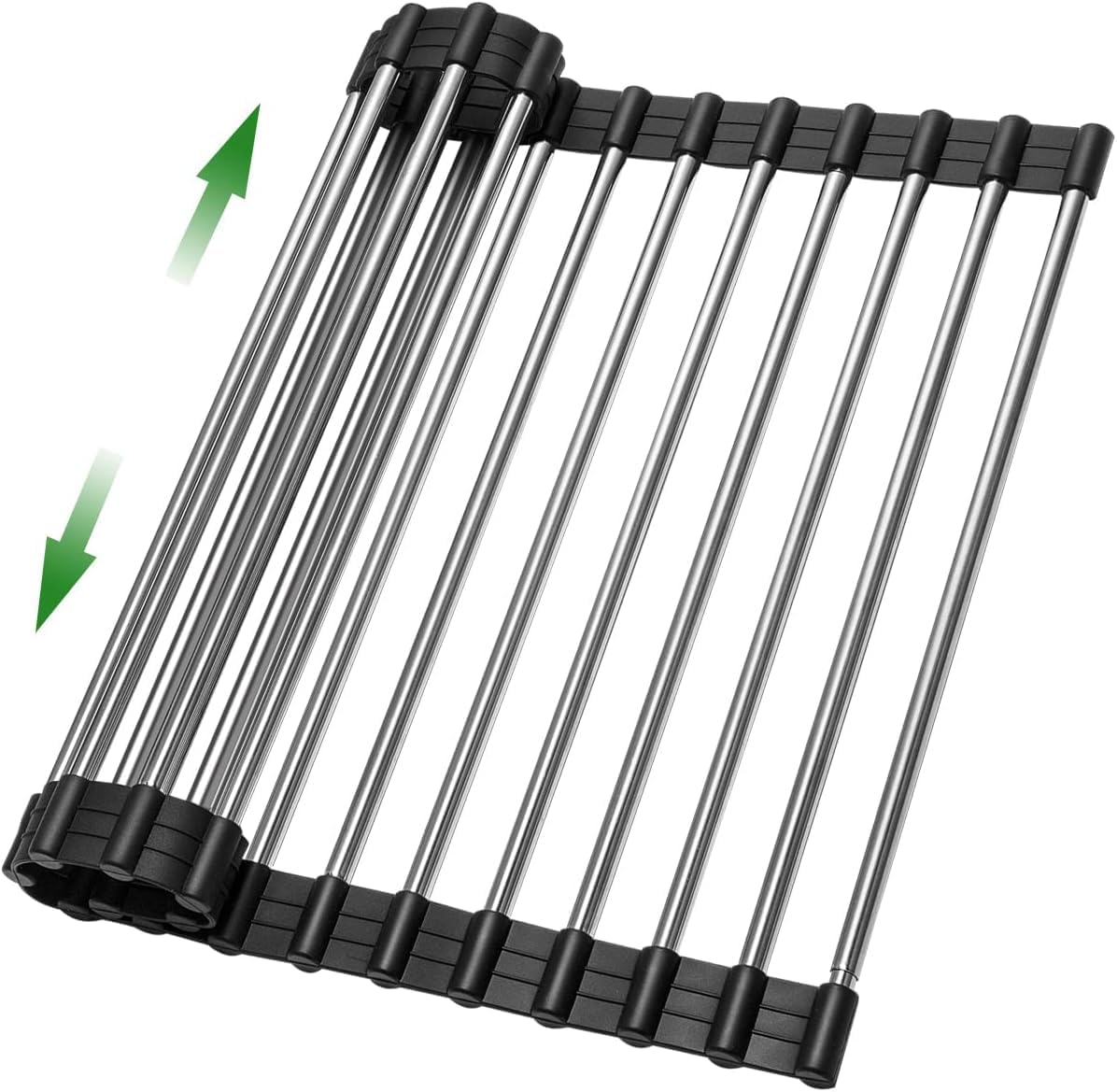 Expandable Large Draining Rack, Roll Up Heat-Resistant Dish Drainer for Stainless Steel Sinks, Collapsible Over The Sink Rack Non-Slip Silicone Rolling Up Rack 18 Tube