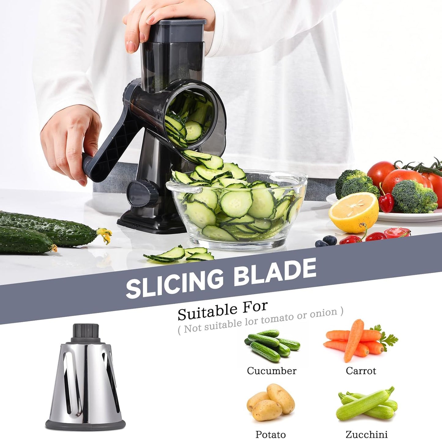 Rotary Cheese Grater with Handle Kitchen Shredder Slicer Grater Slicer Ice Shaver Cheese Vegetable Nuts Potato Zucchini Chocolate 3 Interchangeable Blades (blue)