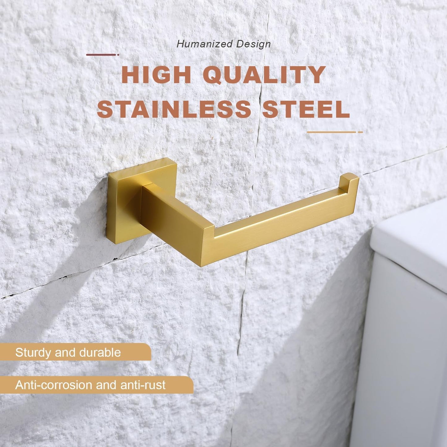 TASTOS Toilet Paper Holder Brushed Gold, Toilet Tissue Roll Holders Dispenser and Hangers Wall Mounted for Bathroom & Kitchen, Stainless Steel Modern Square Style 2 Pack