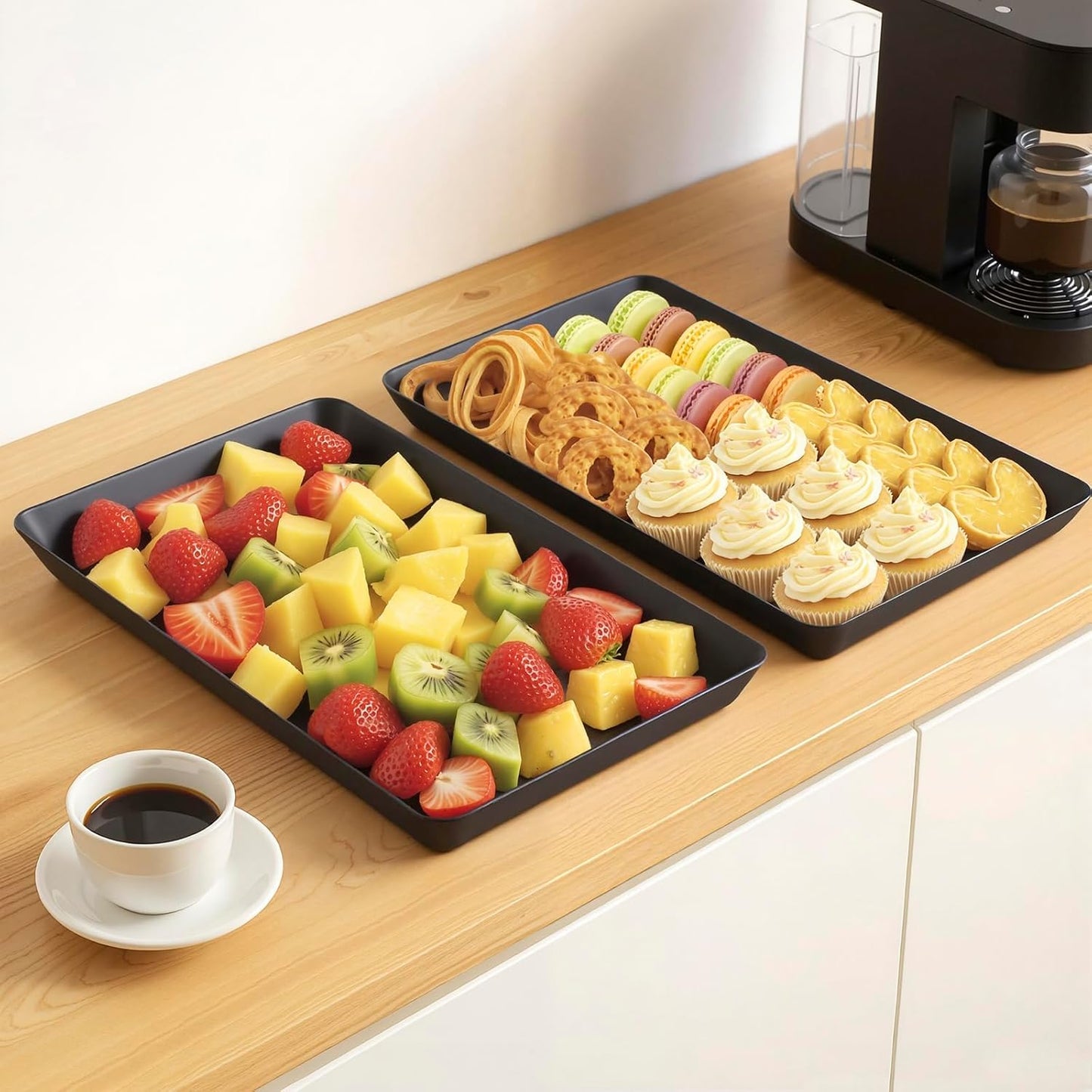 WOWBOX 5 pcs Serving Tray for Entertaining, Serving Platters for Snacks, Fruit, Cookies, Dessert, Reusable Plastic Trays for Serving Food and Pantry Organization in Kitchen & for Parties, (Black)