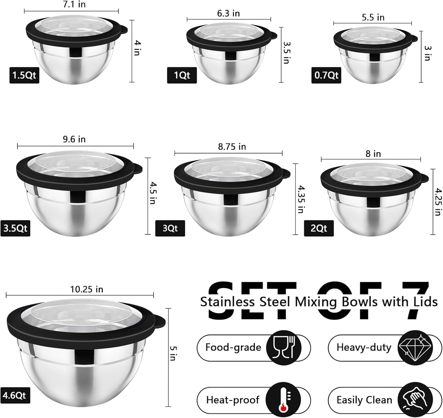 P&P CHEF Mixing Bowl with Lid Set of 7, Stainless Steel Nesting Salad Bowls for Cooking Serving Prepping, Clear Lids & Stackable Design, Size 4.6, 3.5, 3, 2, 1.5, 1, 0.7 Qt - Black