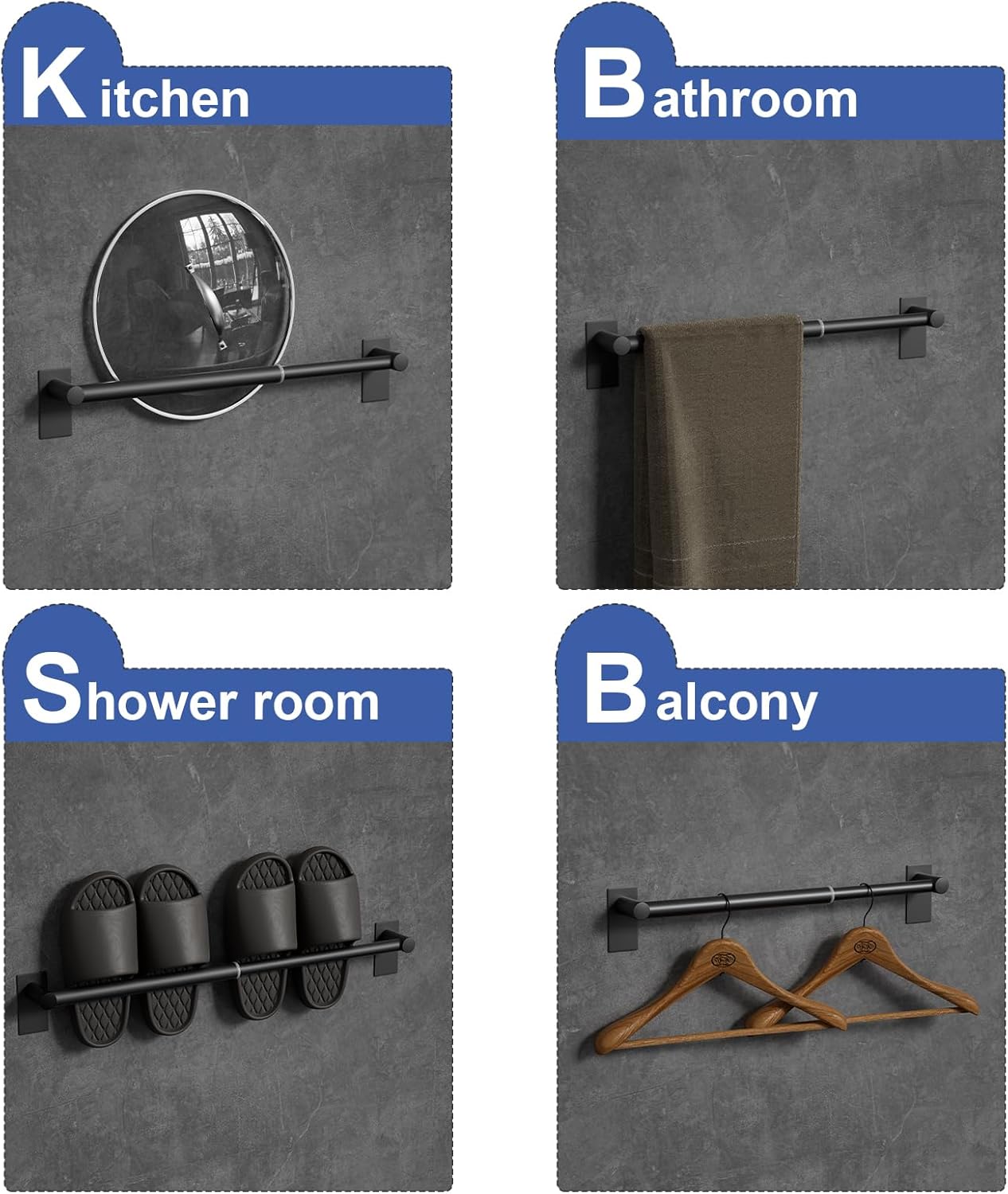 2 Pack Adhesive Adjustable Towel Bar, Economical Self Stick Bathroom Towel Holders, HOMOTEK Bathroom Rod Size from 14 Inch to 24.5 Inch Single Hanger for Kitchen(Thickened Matte Black)