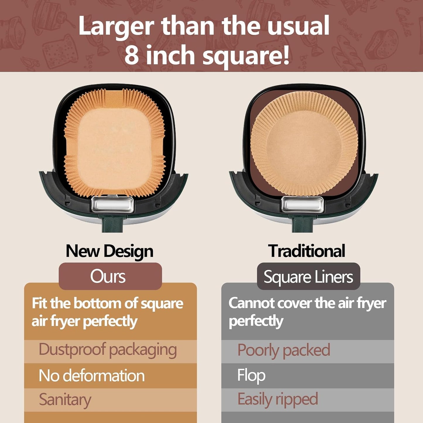 UBeesize 9-Inch Air Fryer Parchment Liners - 125 Pack, Square Non-Stick Disposable Paper Sheets for Microwave & Air Fryers, Unbleached Baking Sheets (8-Inch Base)