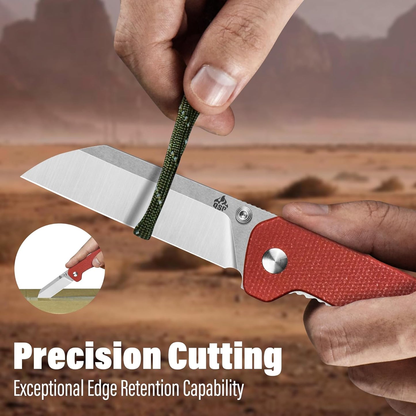 QSP Penguin V2 Folding Pocket Knife, 3.06" D2 Two Tone Finish Stonewash Satin Blade EDC Knife, Red Micarta Handle, Liner Lock, Ceramic Ball Bearings, Reversible SS Deep Carry Clip