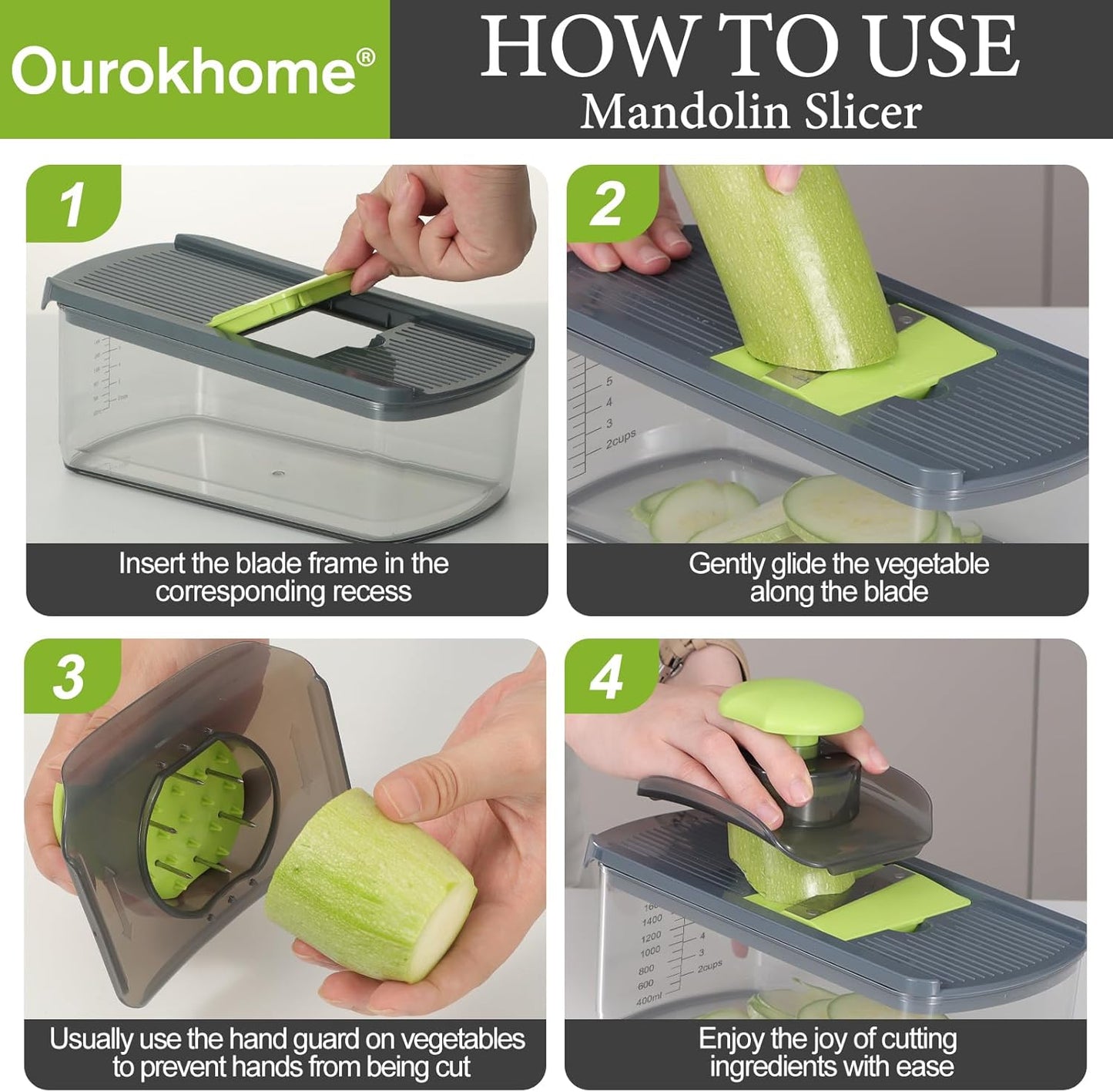 Ourokhome Mandolin Slicer with Handheld Spiralizer, Hand Safe Vegetable Shredder with 6 Mandoline Blades, Veggie Waffle Cutter for Potato, Carrot, Zucchini, Essential Kitchen Gadgets (10 in 1, Gray)