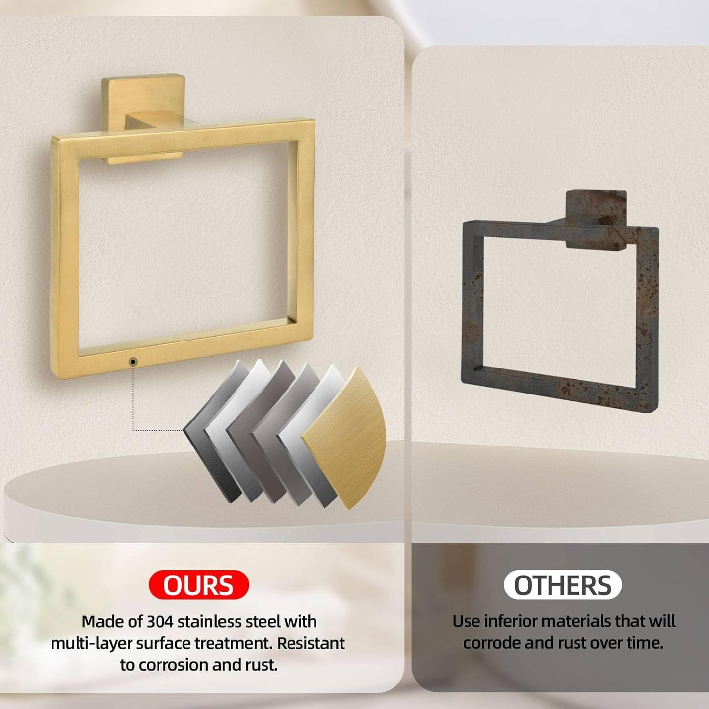 Brushed Gold Towel Ring,Square Hand Towel Holder,Towel Hanger, Bathroom Hardware Accessories,SUS 304 Stainless Steel Wall-Mounted