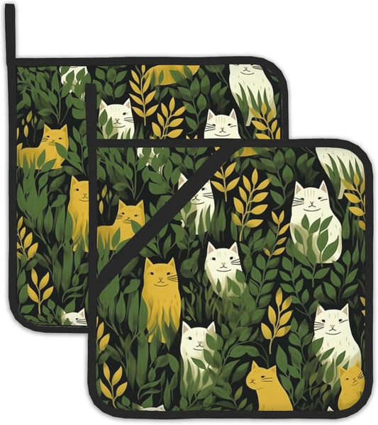 Cute Cats and Green Plants Pot Holder Set of 2,Kitchen Heat Resistant Potholder for Women Men BBQ Cooking Baking