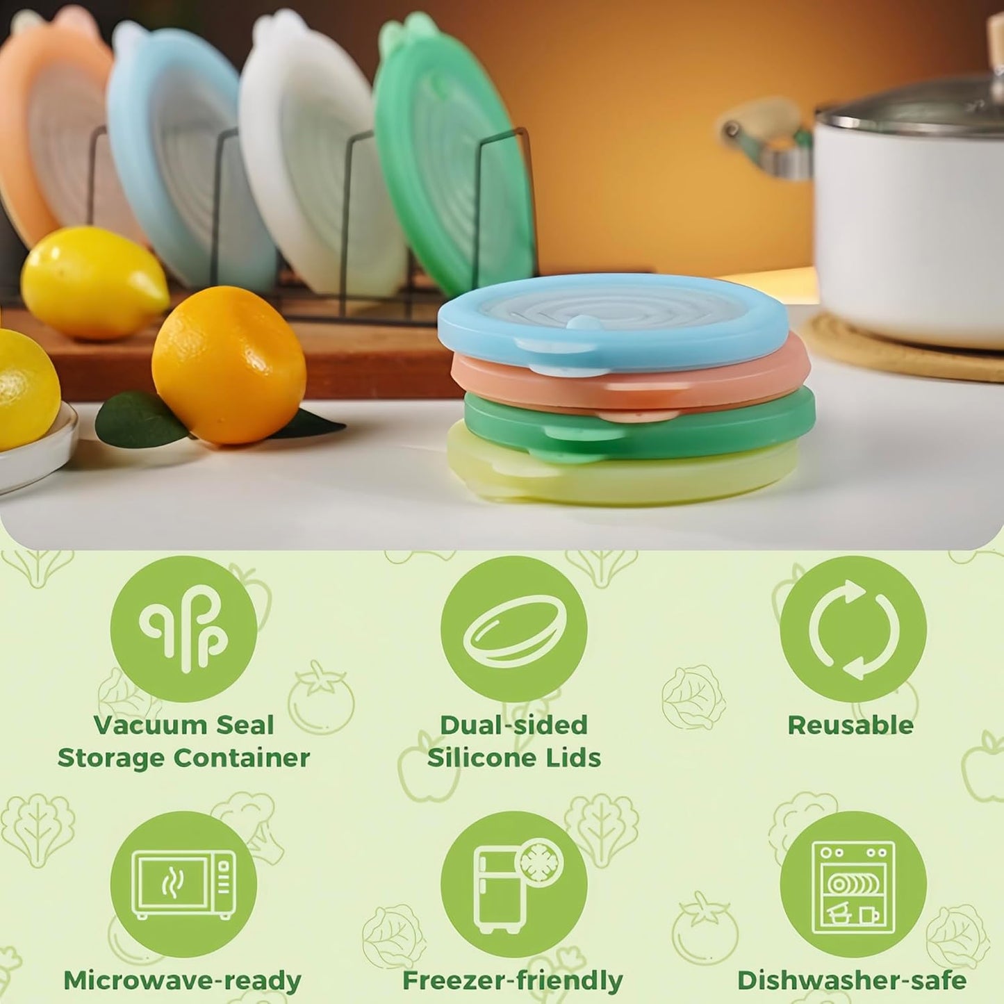 Silicone Reusable Vacuum-Seal Storage Containers for Fridge,Fresh Fruit,Vegetables,Garlic,Onions,Lemons,Potatoes,Meat,for Microwave Oven Heating,Freezer,Dishwasher,Avocado Saver,Tomato Holder,2 Pack